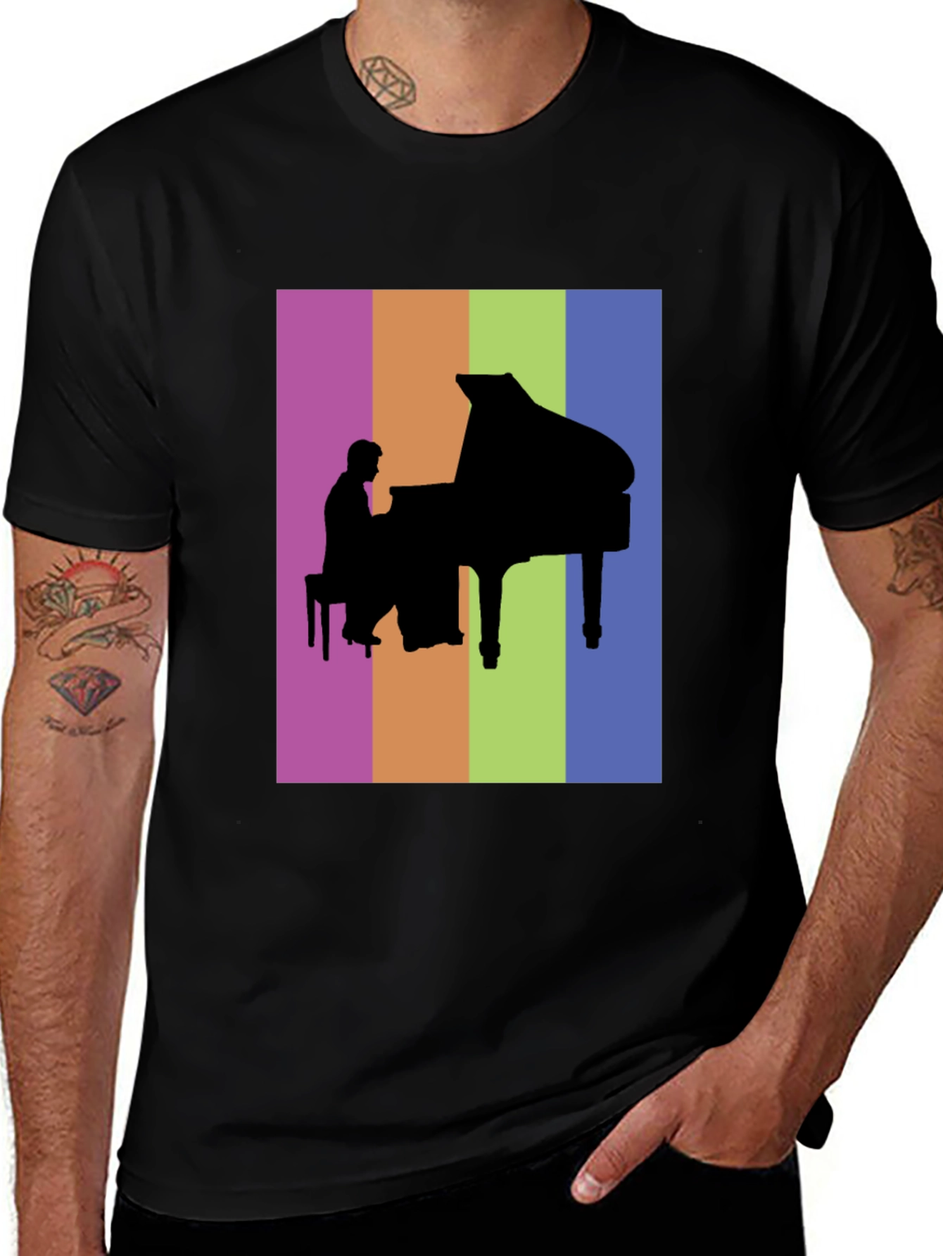 Piano Player Silhouette Graphic Tee - Colorful Music Lover Shirt