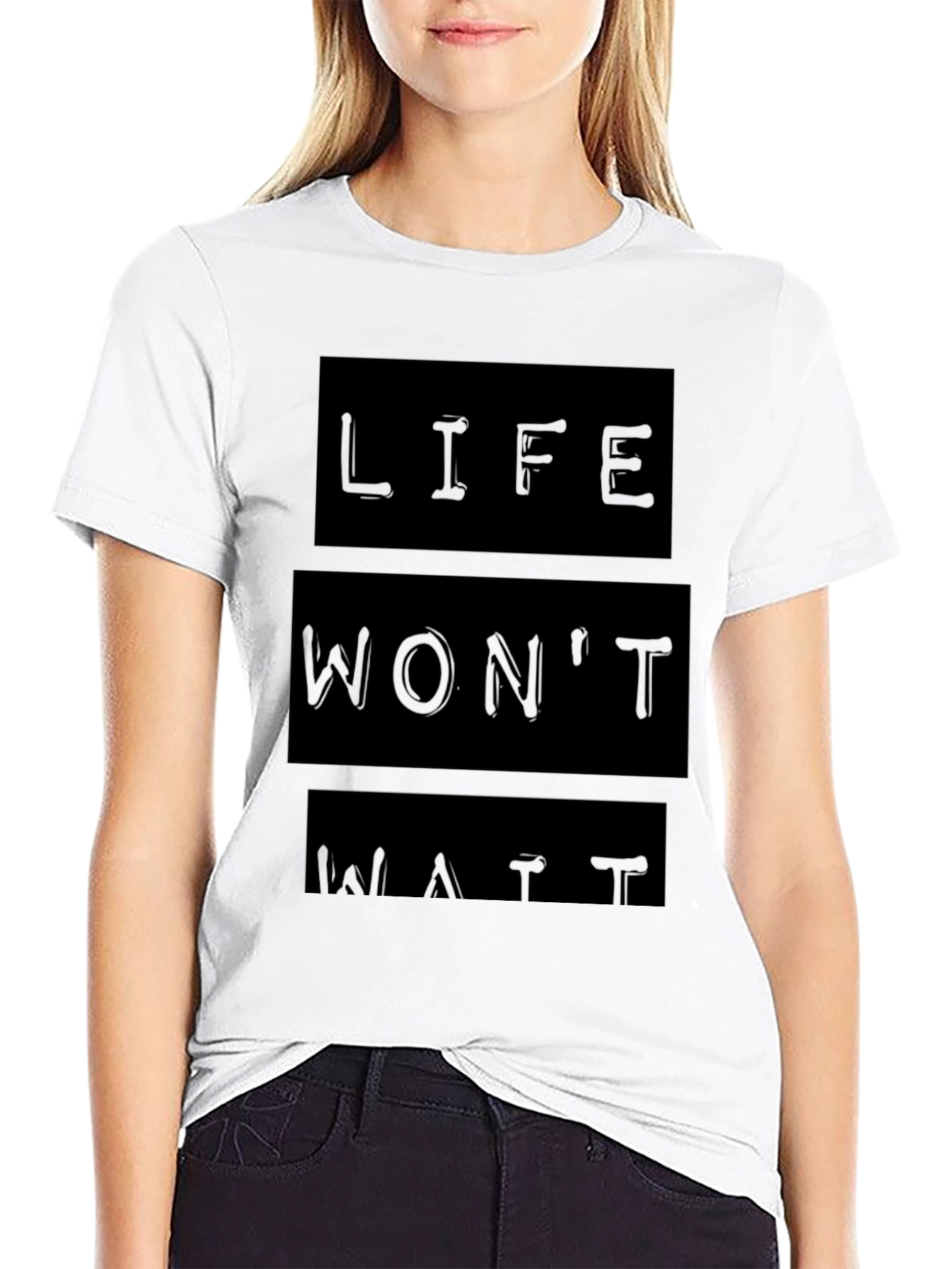 Life Wont Wait Black Graphic T-Shirt
