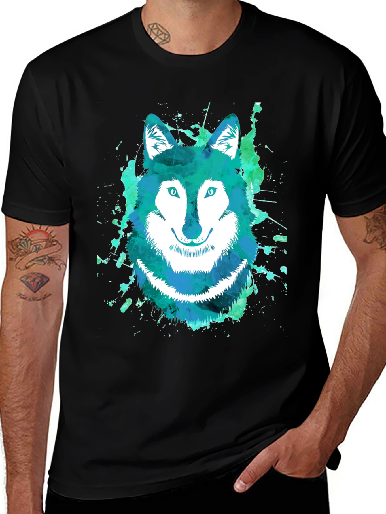 Watercolor Wolf Graphic Tee - Cool Blue Design