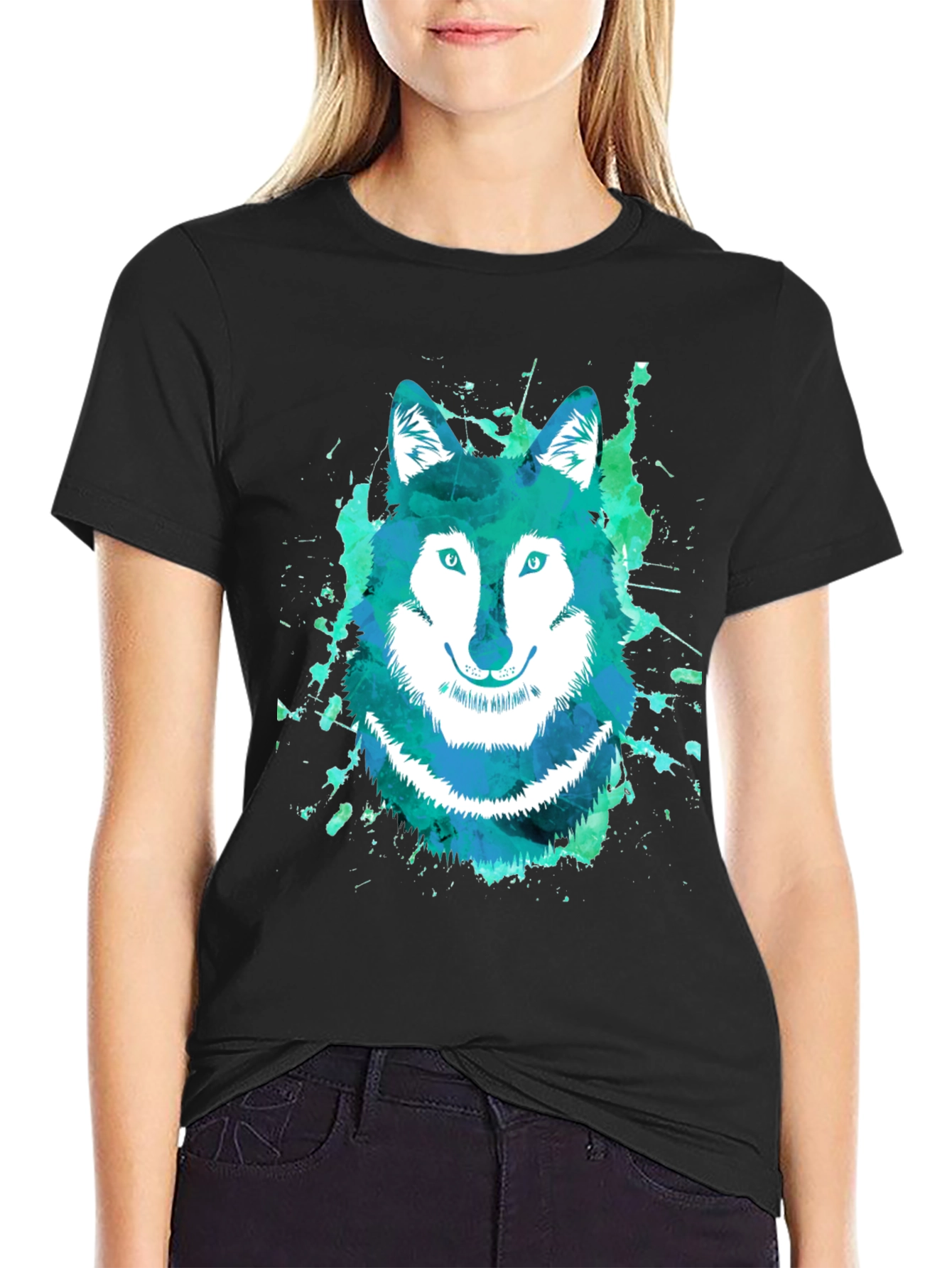 Watercolor Wolf Graphic Tee - Cool Blue Design