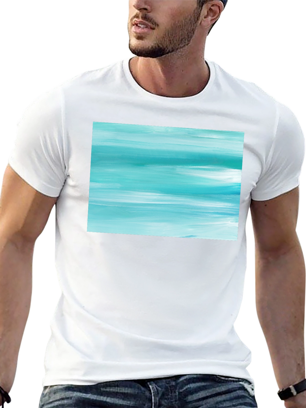 Abstract Aqua Brushstroke Graphic Tee - Soft Cotton
