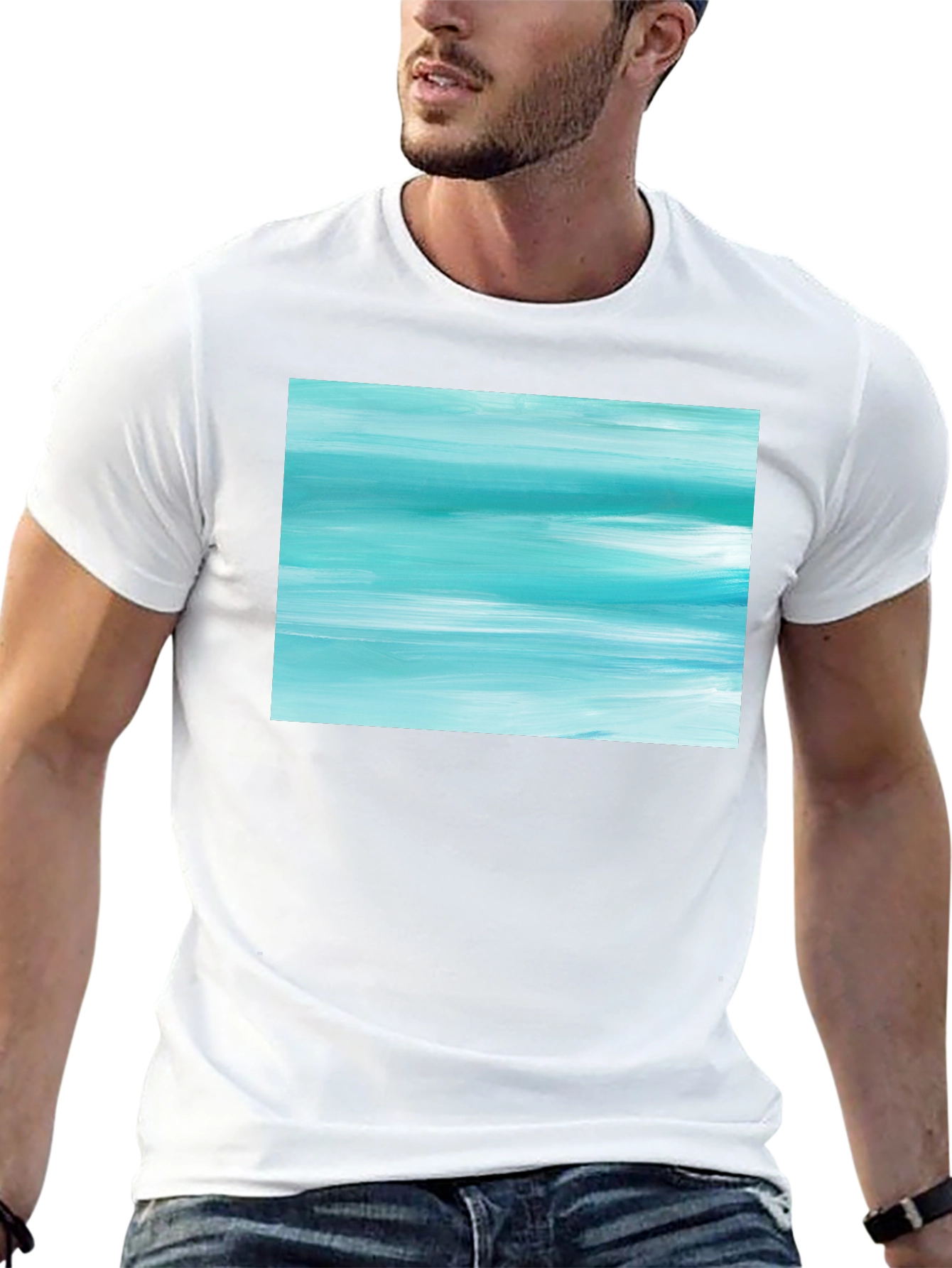 Abstract Aqua Brushstroke Graphic Tee - Soft Cotton