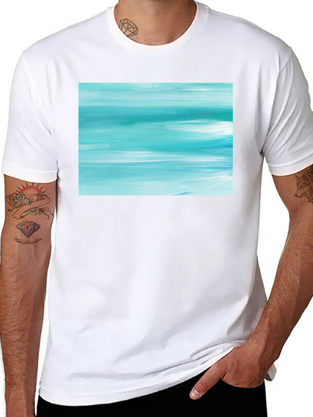 Abstract Aqua Brushstroke Graphic Tee - Soft Cotton