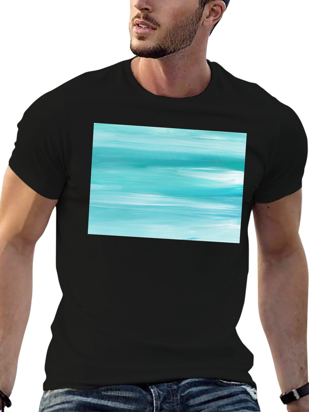 Abstract Aqua Brushstroke Graphic Tee - Soft Cotton