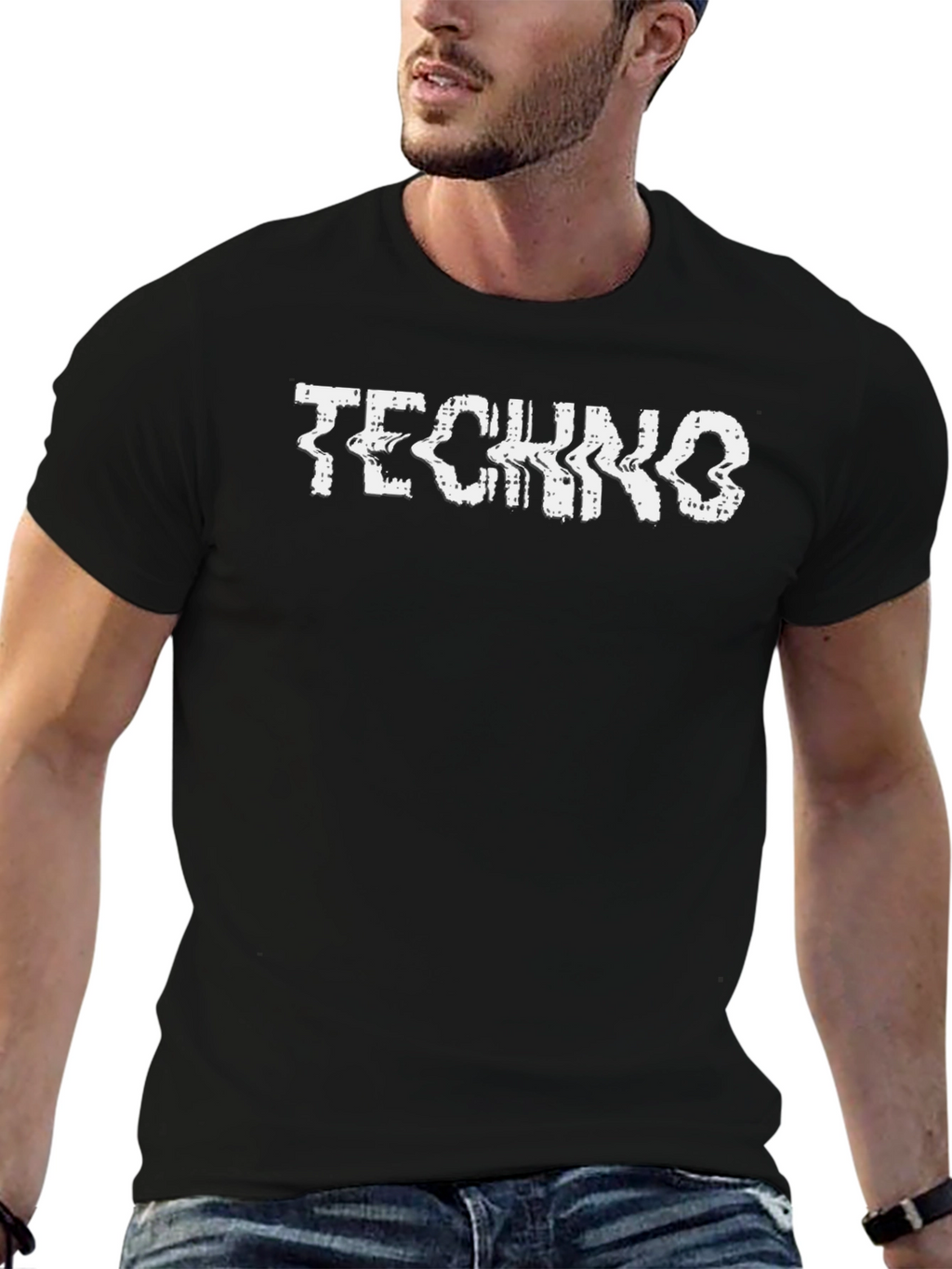 Techno Glitch Graphic Tee - Black Cotton T-Shirt