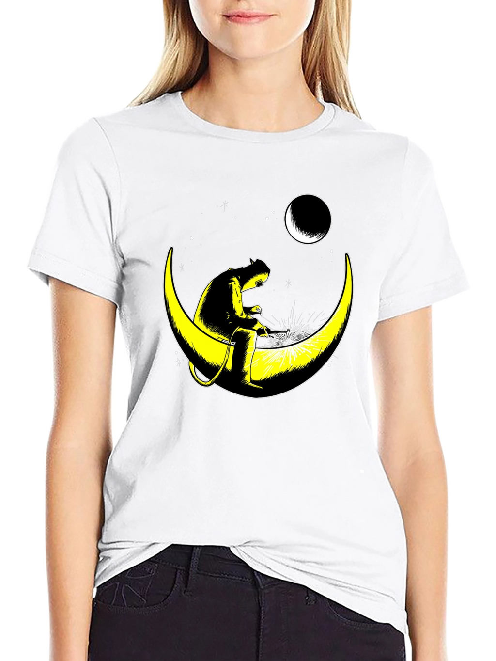 Welder Cat on Moon Graphic T-Shirt