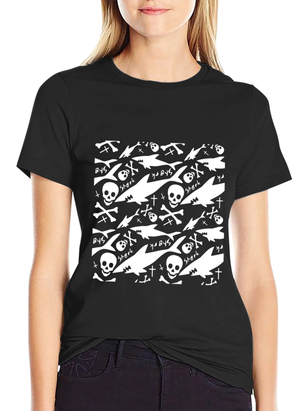 Shark Skull Print Black T-Shirt
