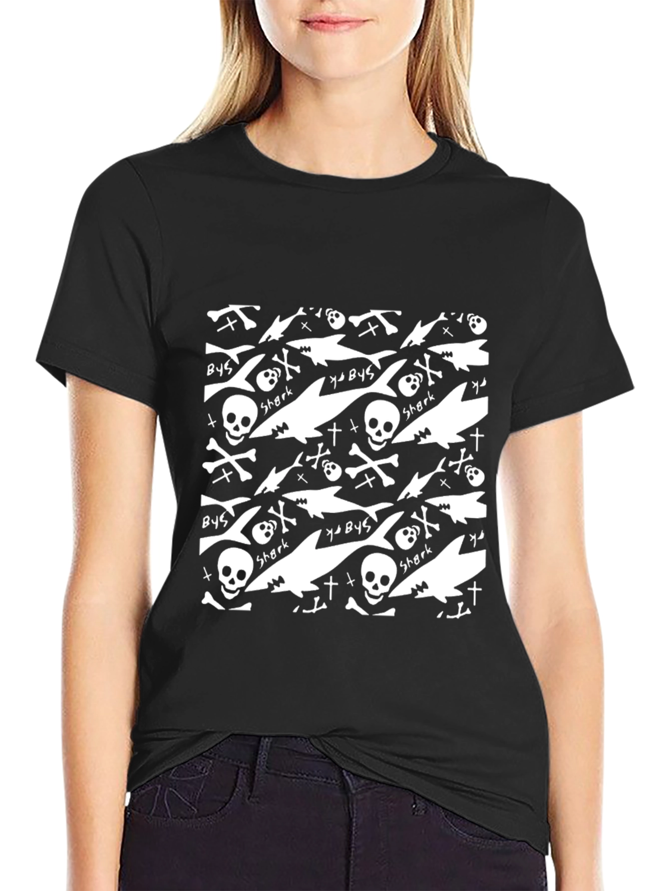 Shark Skull Print Black T-Shirt