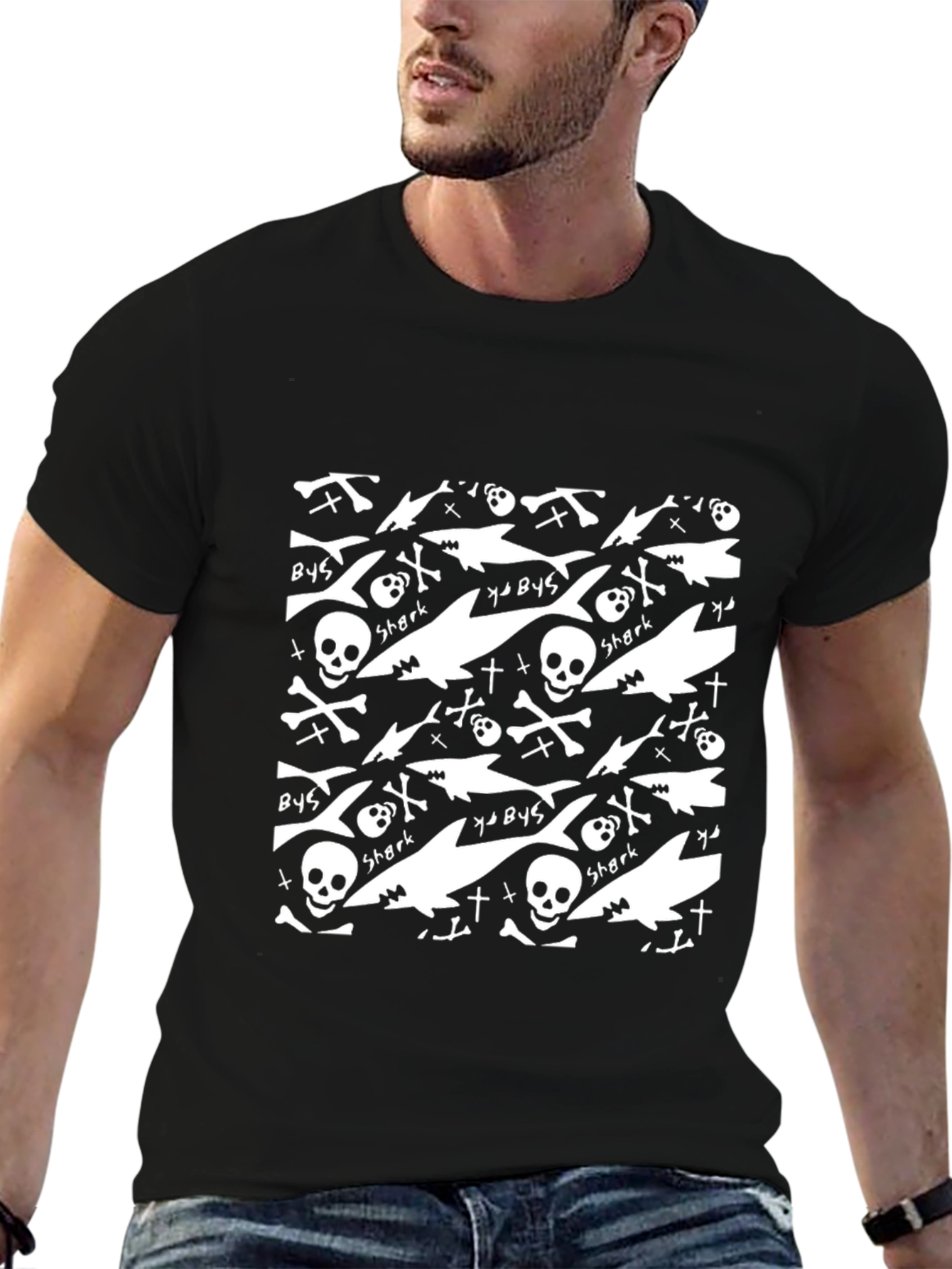 Shark Skull Print Black T-Shirt