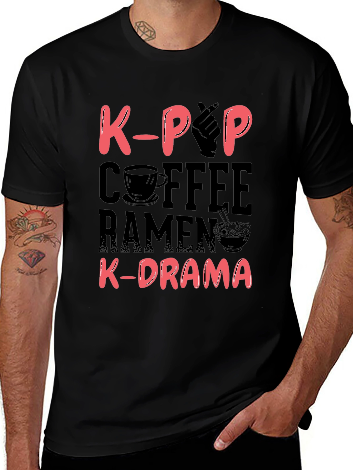K-Pop Coffee Ramen and K-Drama Black T-Shirt