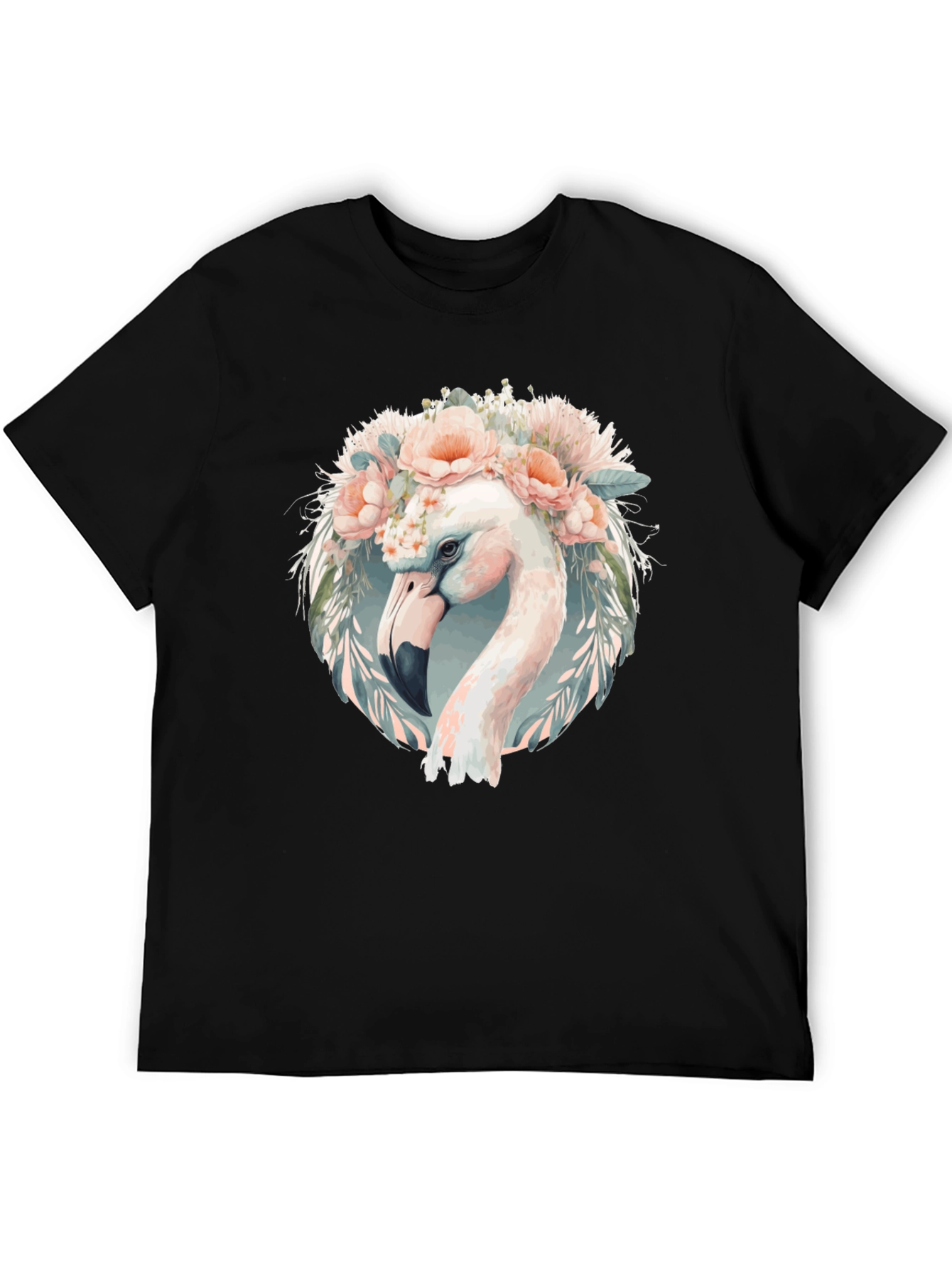 Floral Flamingo Graphic Tee - Black Cotton T-Shirt
