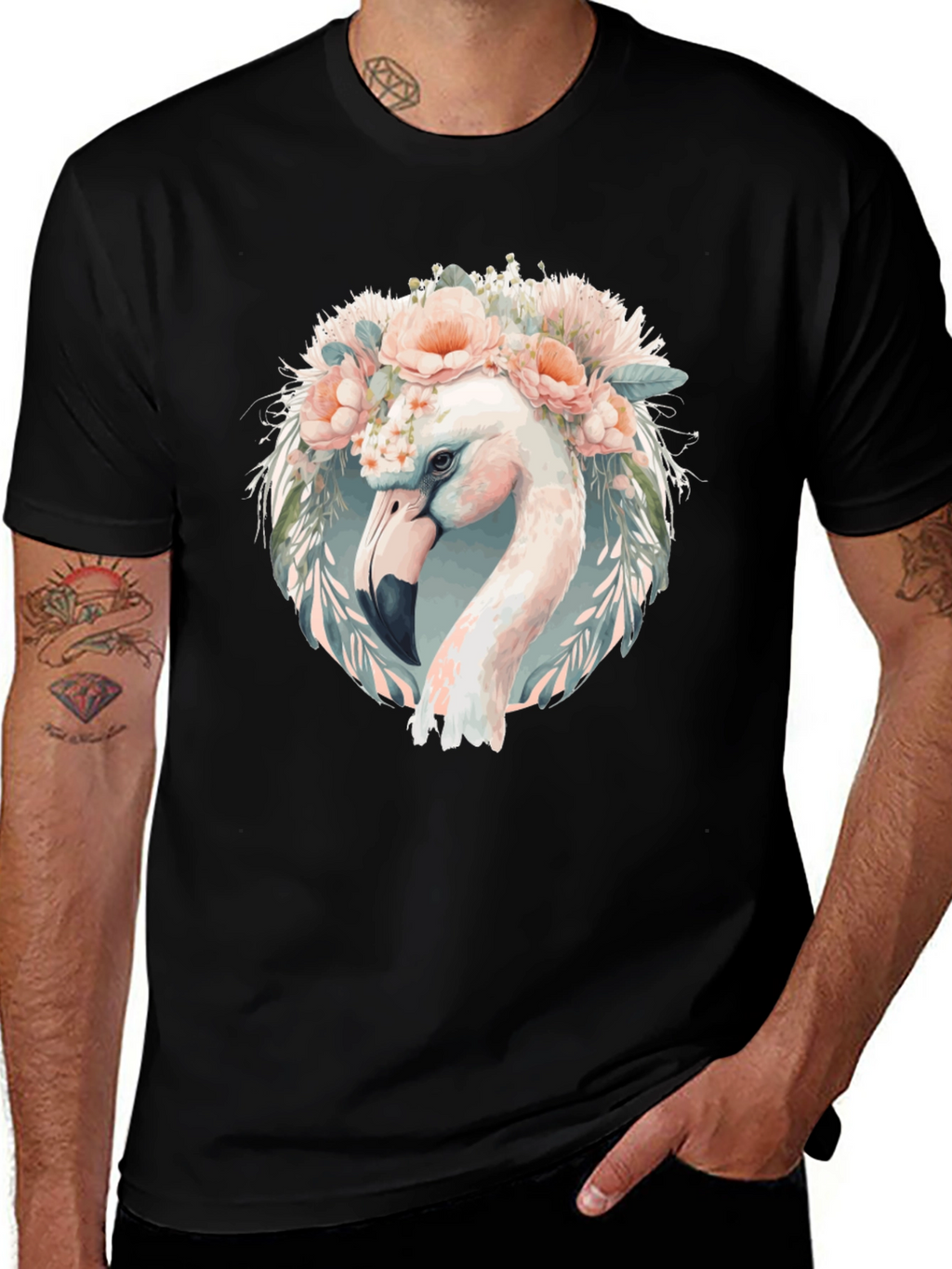 Floral Flamingo Graphic Tee - Black Cotton T-Shirt