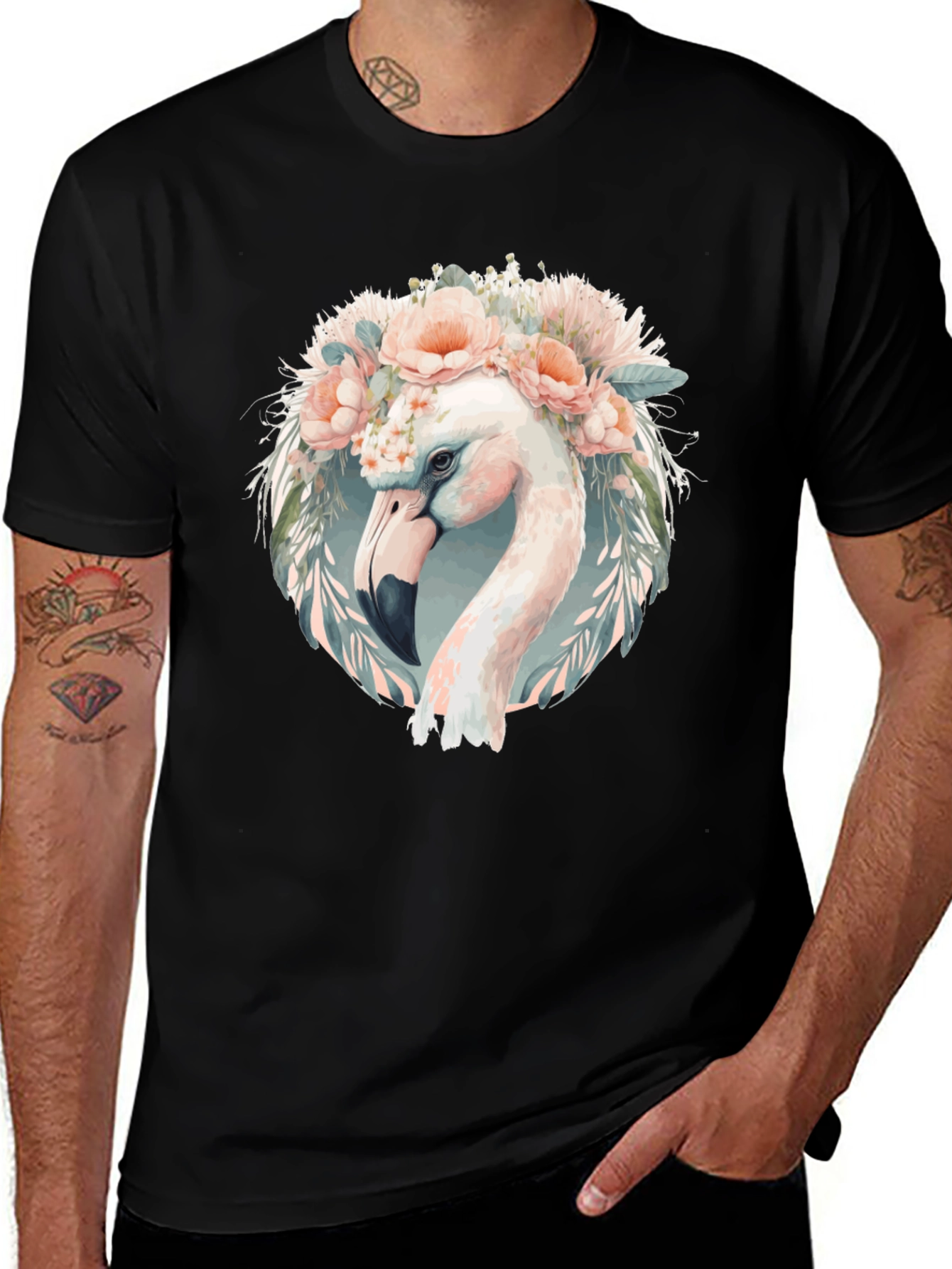 Floral Flamingo Graphic Tee - Black Cotton T-Shirt
