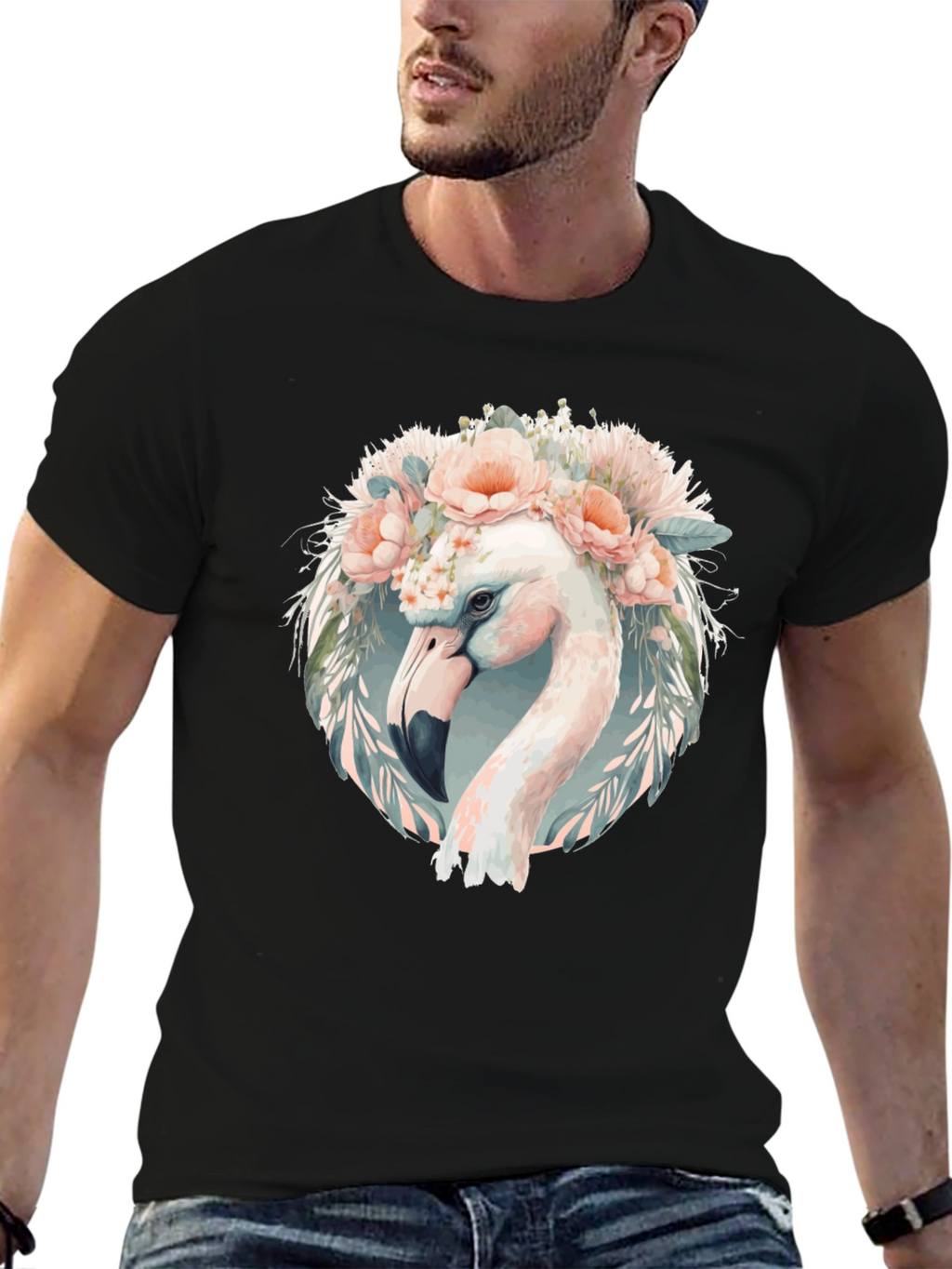 Floral Flamingo Graphic Tee - Black Cotton T-Shirt