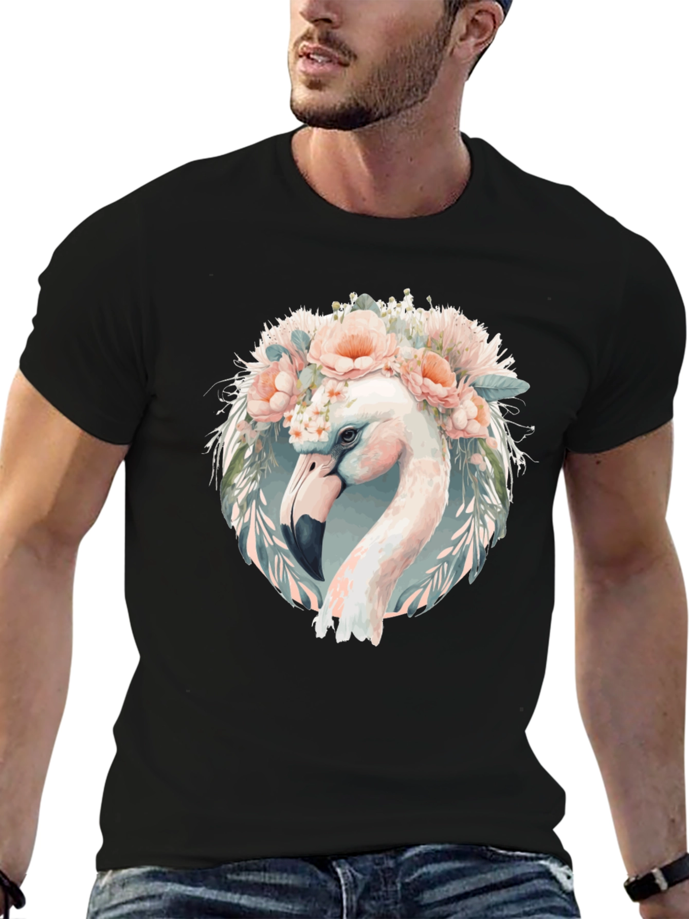 Floral Flamingo Graphic Tee - Black Cotton T-Shirt