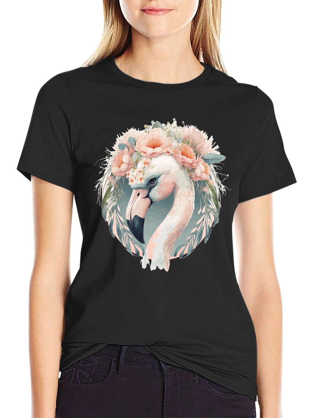 Floral Flamingo Graphic Tee - Black Cotton T-Shirt