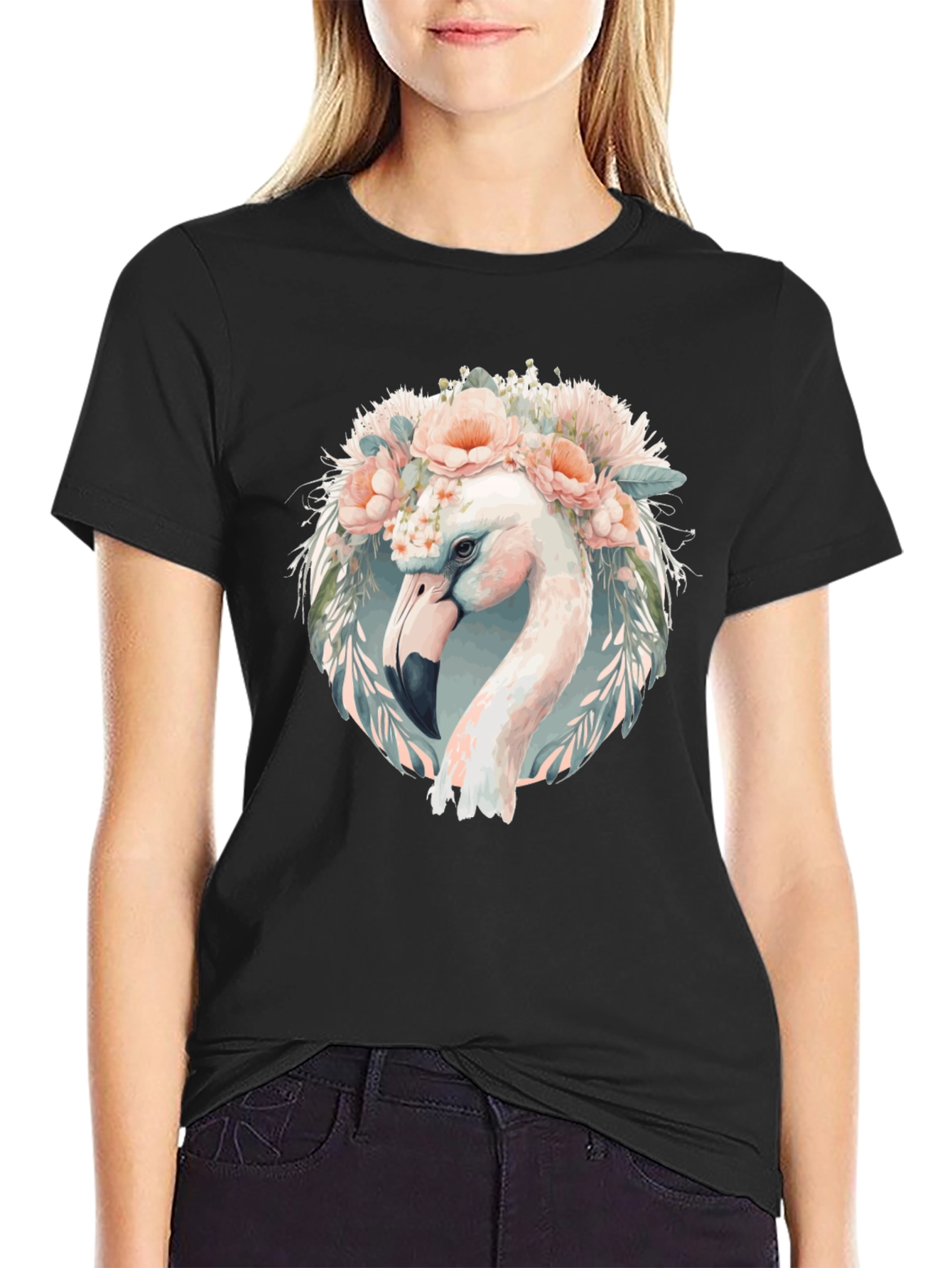 Floral Flamingo Graphic Tee - Black Cotton T-Shirt