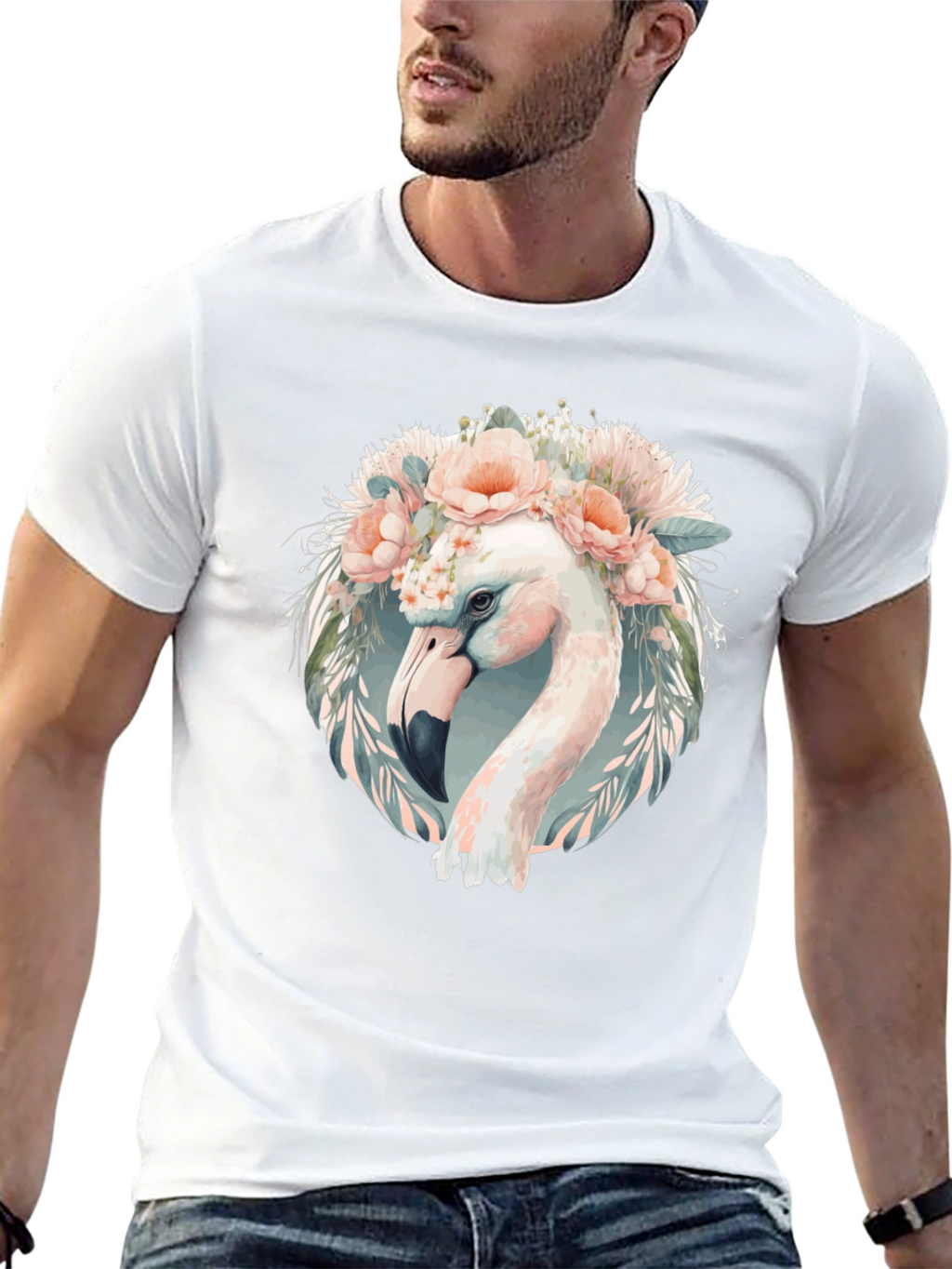 Floral Flamingo Graphic Tee - Black Cotton T-Shirt