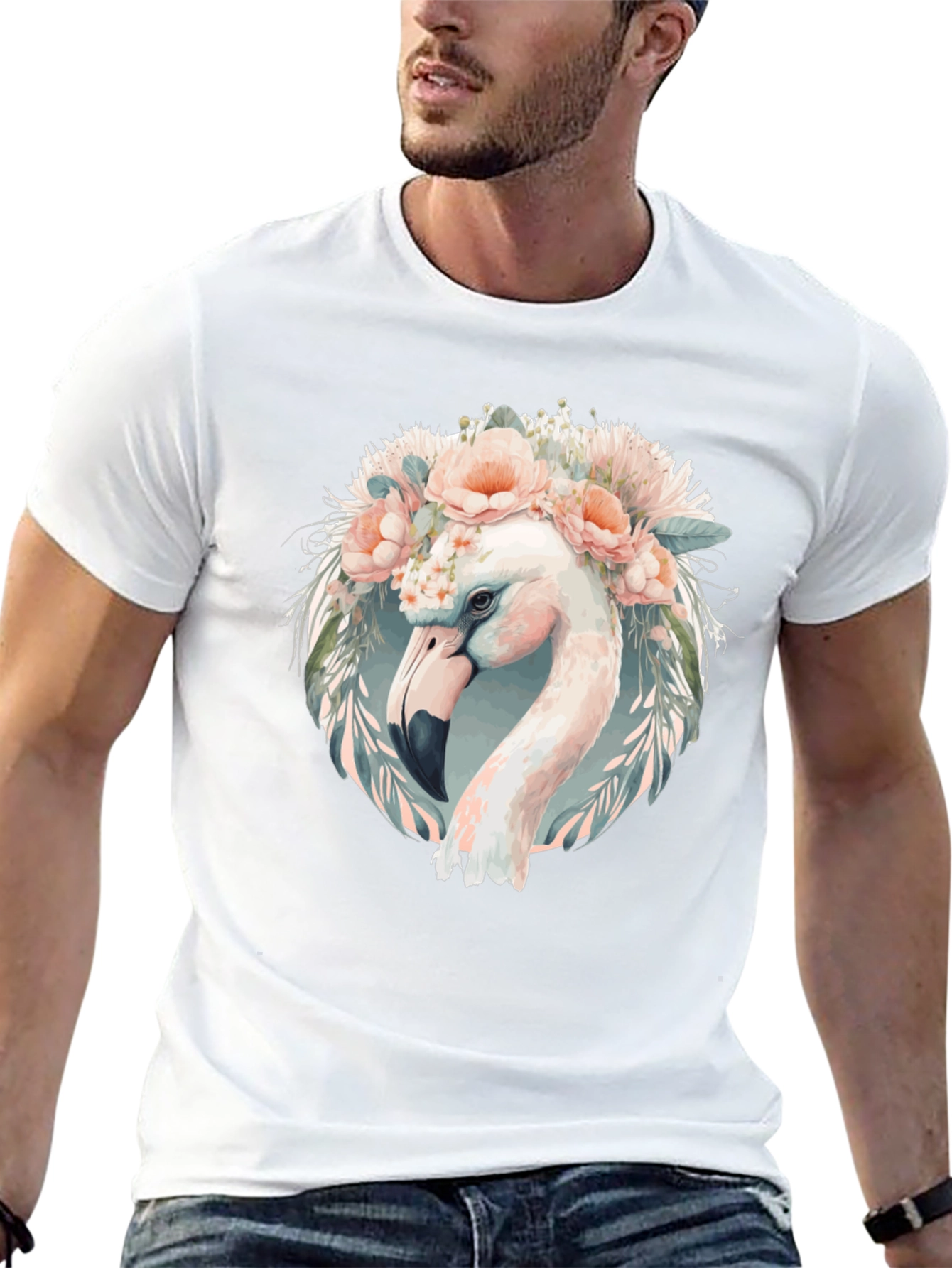 Floral Flamingo Graphic Tee - Black Cotton T-Shirt