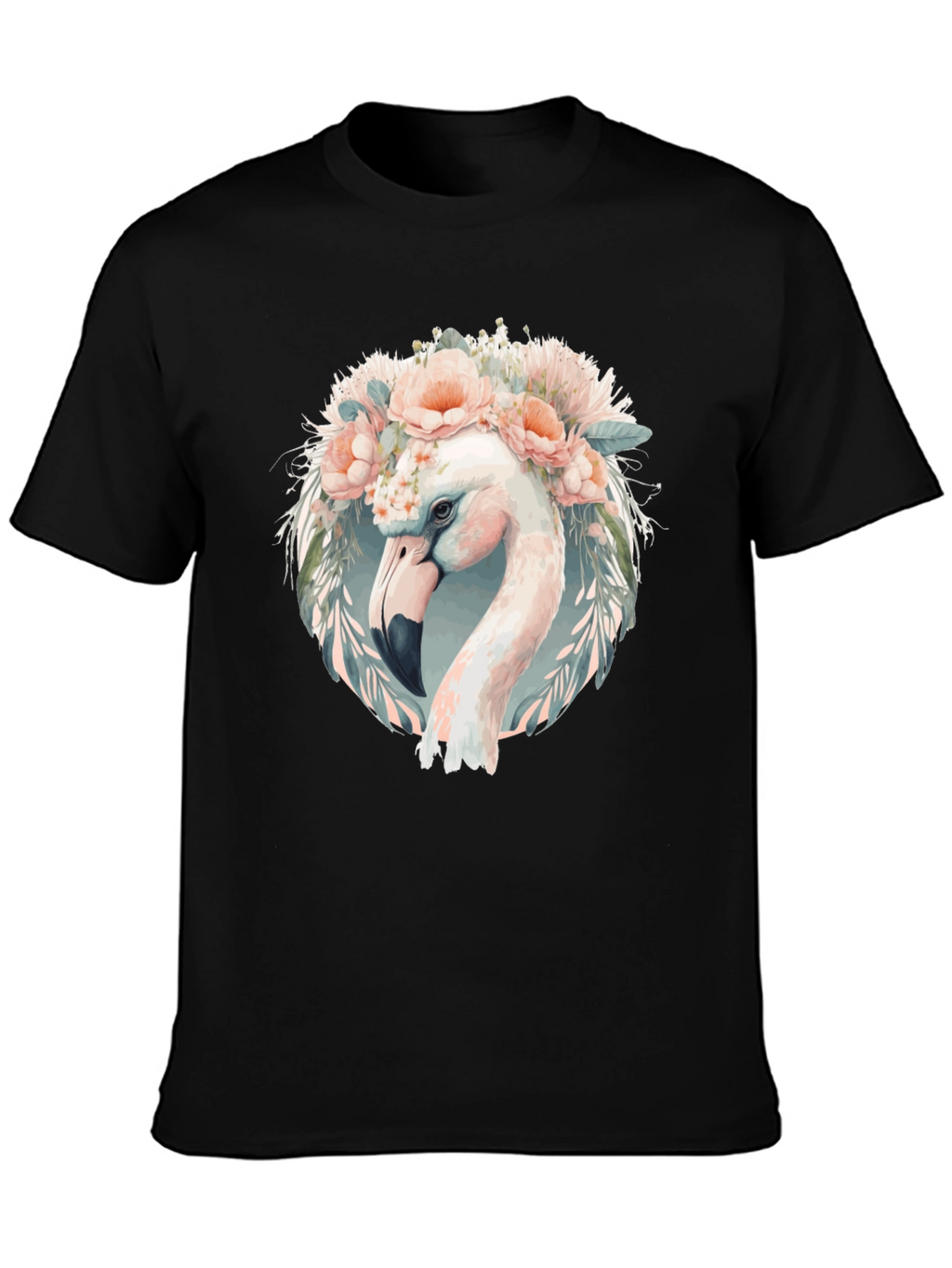 Floral Flamingo Graphic Tee - Black Cotton T-Shirt