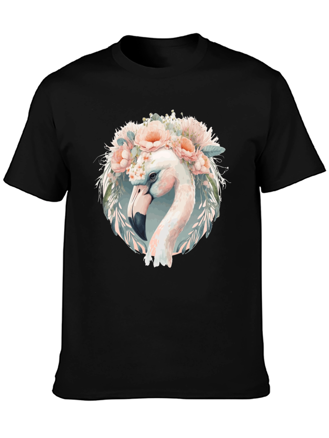 Floral Flamingo Graphic Tee - Black Cotton T-Shirt