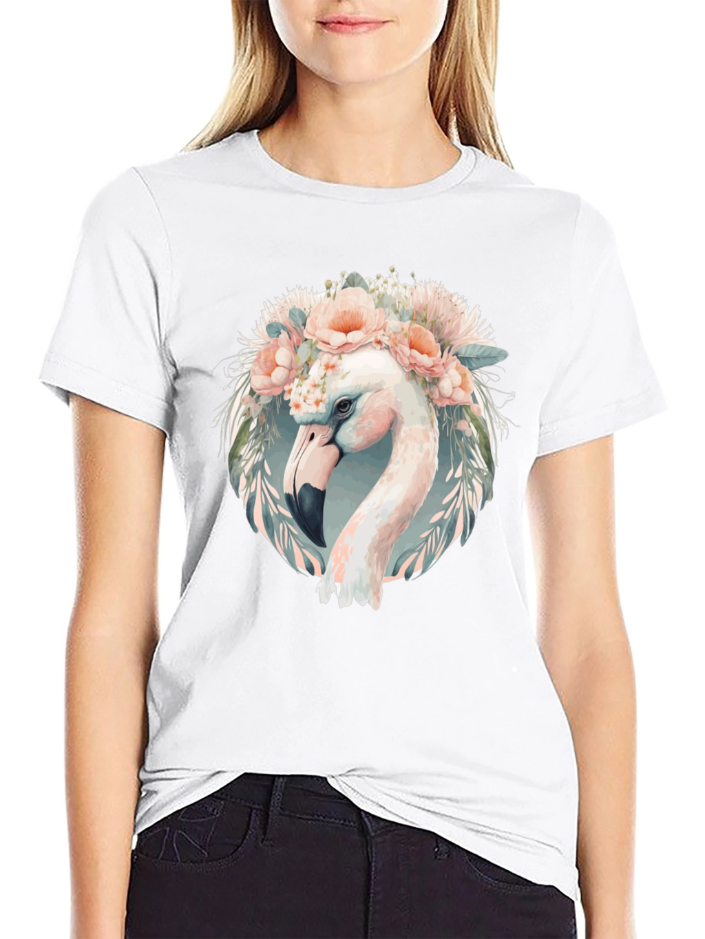 Floral Flamingo Graphic Tee - Black Cotton T-Shirt