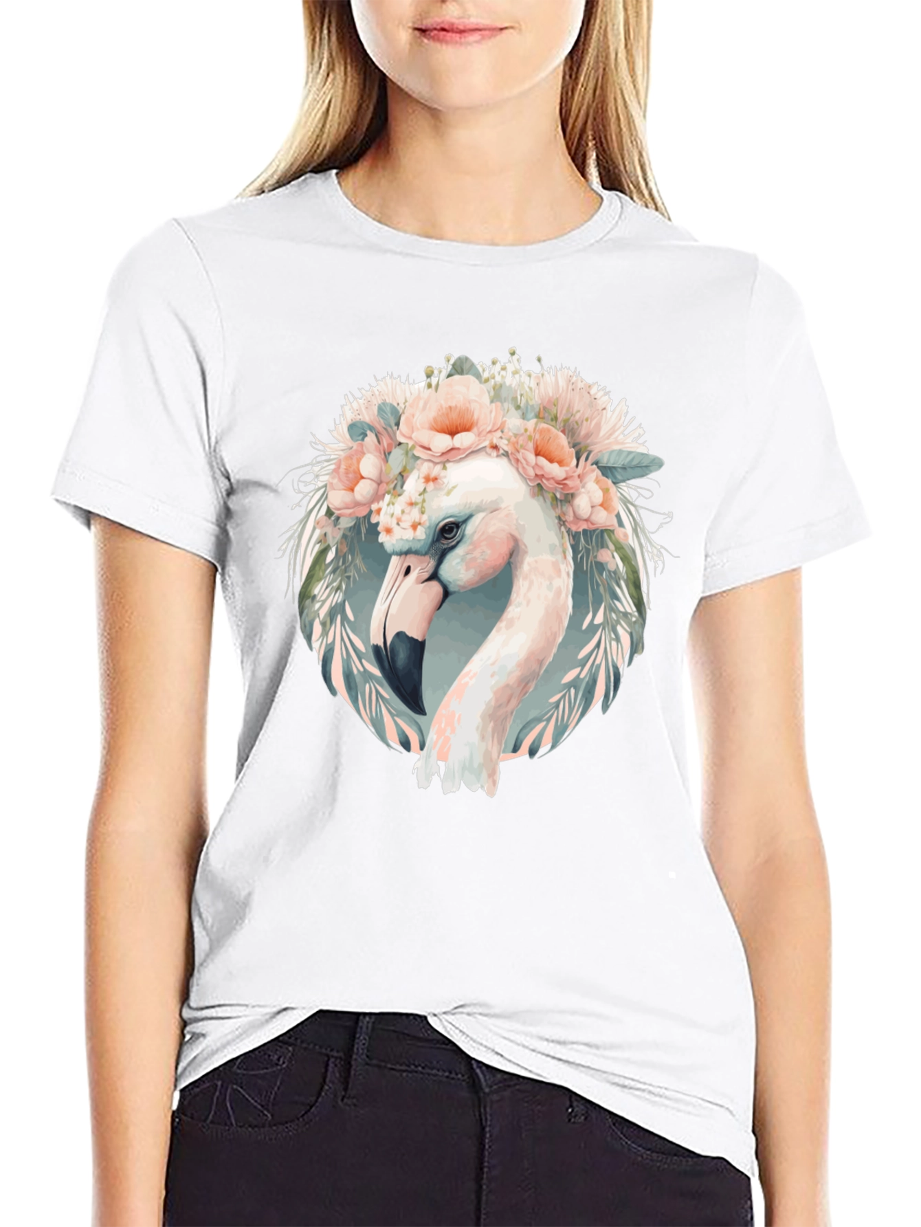 Floral Flamingo Graphic Tee - Black Cotton T-Shirt