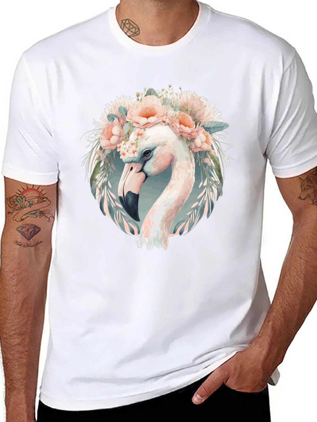 Floral Flamingo Graphic Tee - Black Cotton T-Shirt
