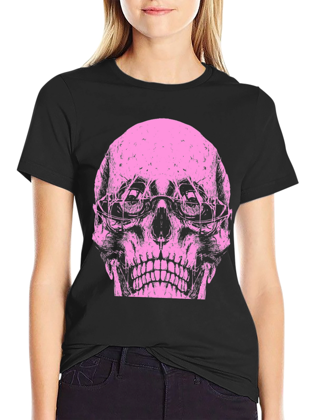 Skull Graphic Tee - Pink Print on Black