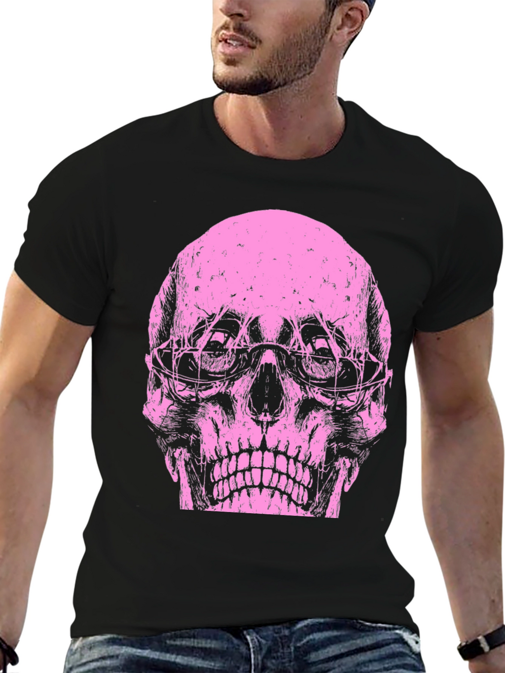 Skull Graphic Tee - Pink Print on Black