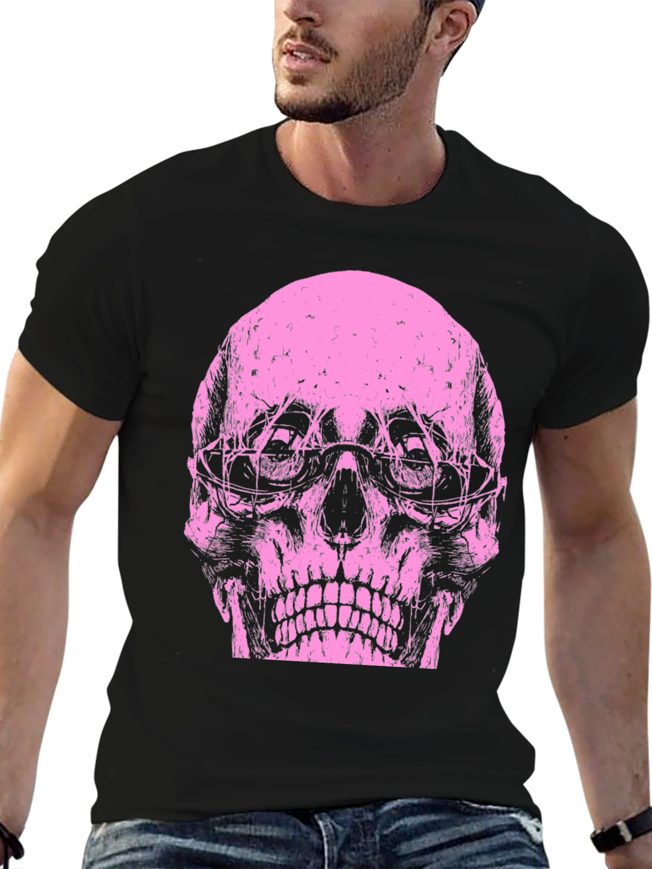 Skull Graphic Tee - Pink Print on Black
