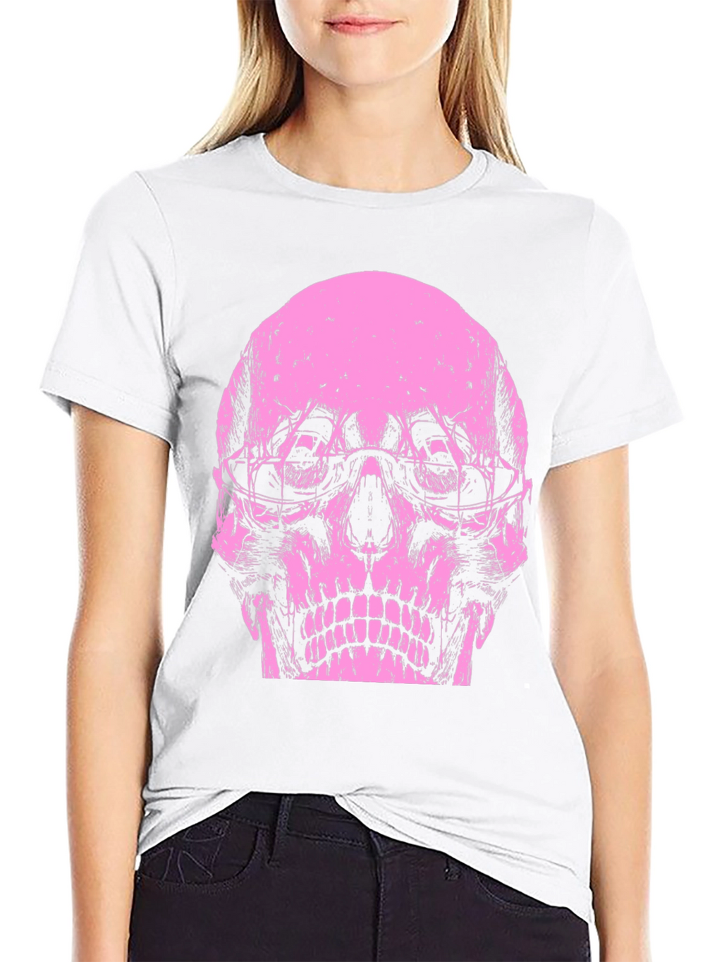 Skull Graphic Tee - Pink Print on Black