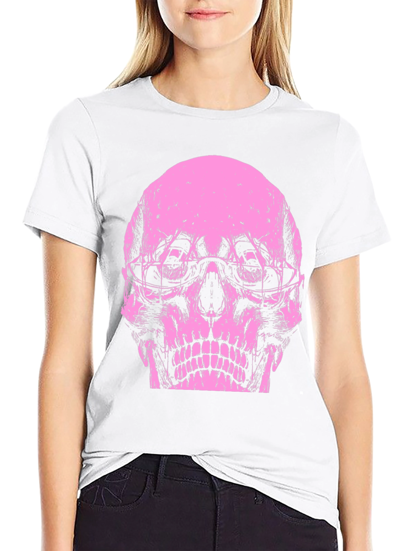 Skull Graphic Tee - Pink Print on Black