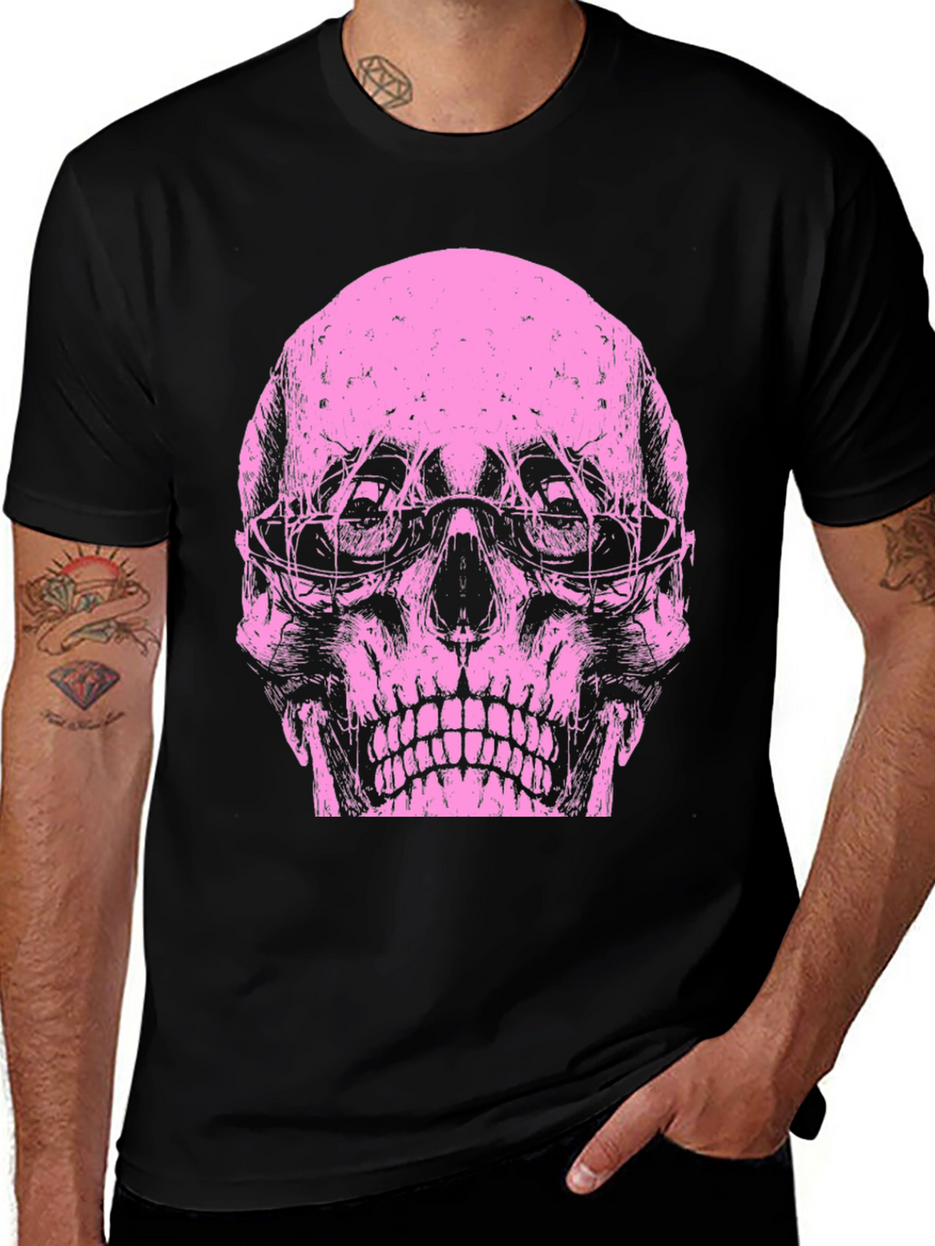 Skull Graphic Tee - Pink Print on Black