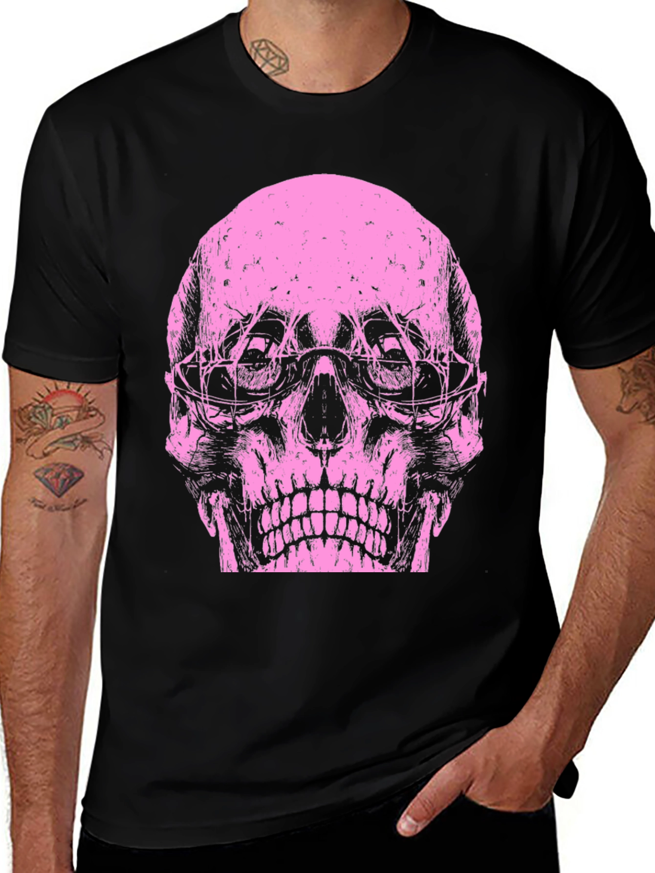 Skull Graphic Tee - Pink Print on Black