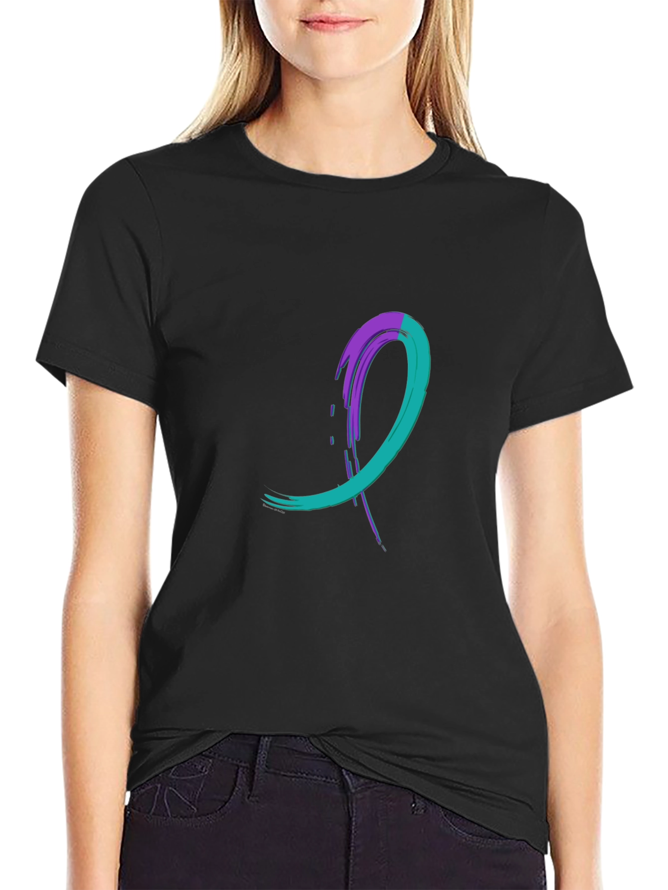 Teal & Purple Awareness Ribbon Black T-Shirt