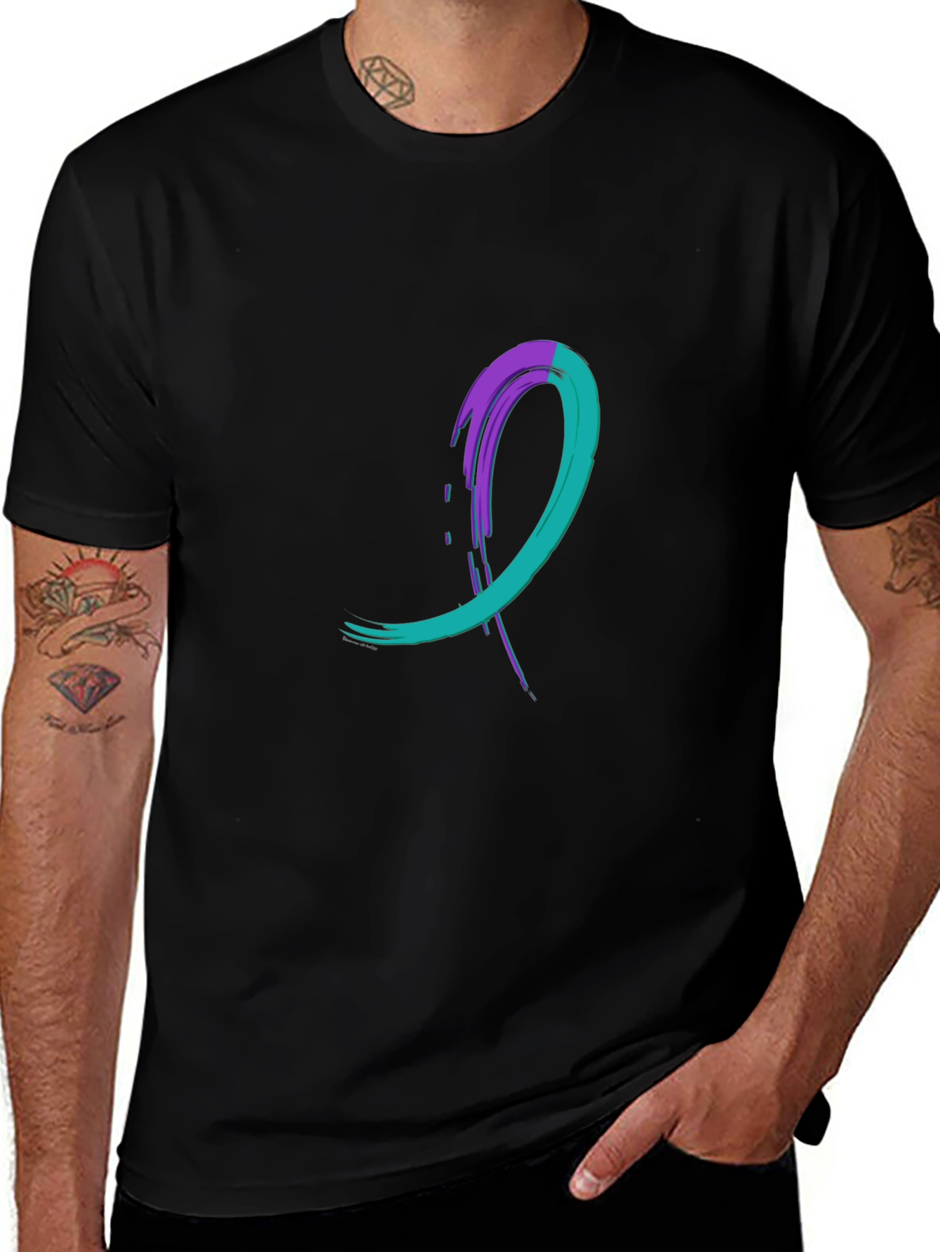 Teal & Purple Awareness Ribbon Black T-Shirt