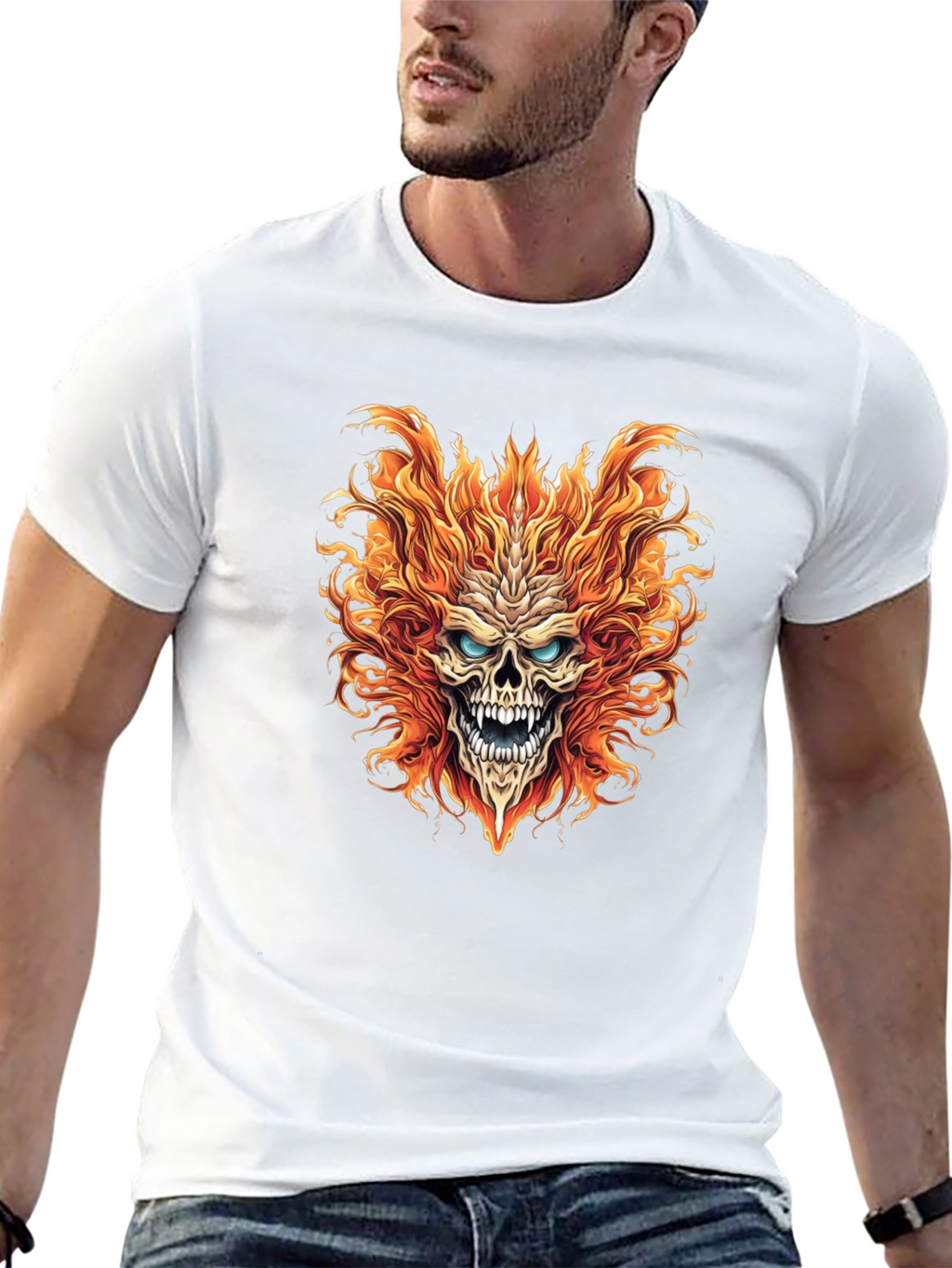 Fiery Skull Graphic Print Black T-Shirt