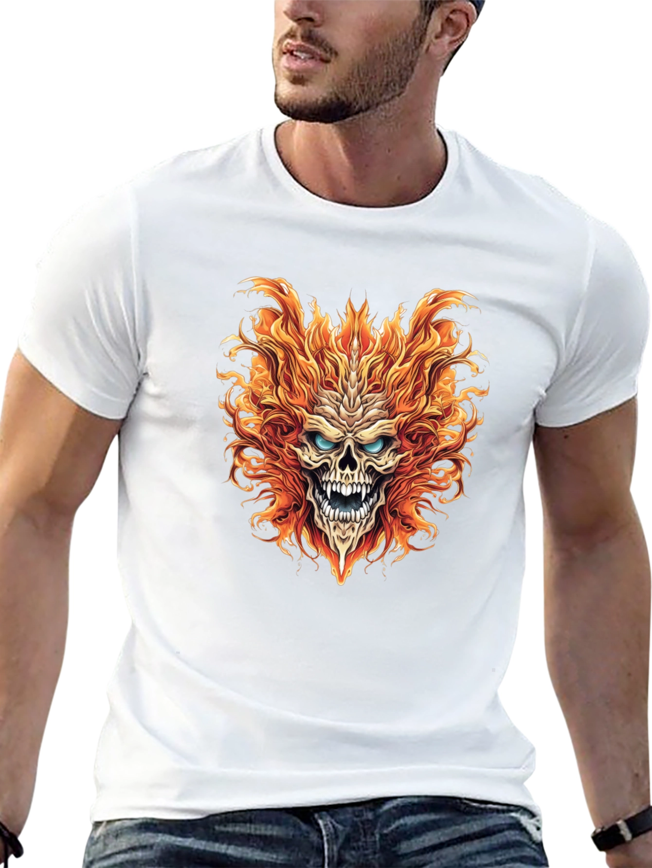 Fiery Skull Graphic Print Black T-Shirt