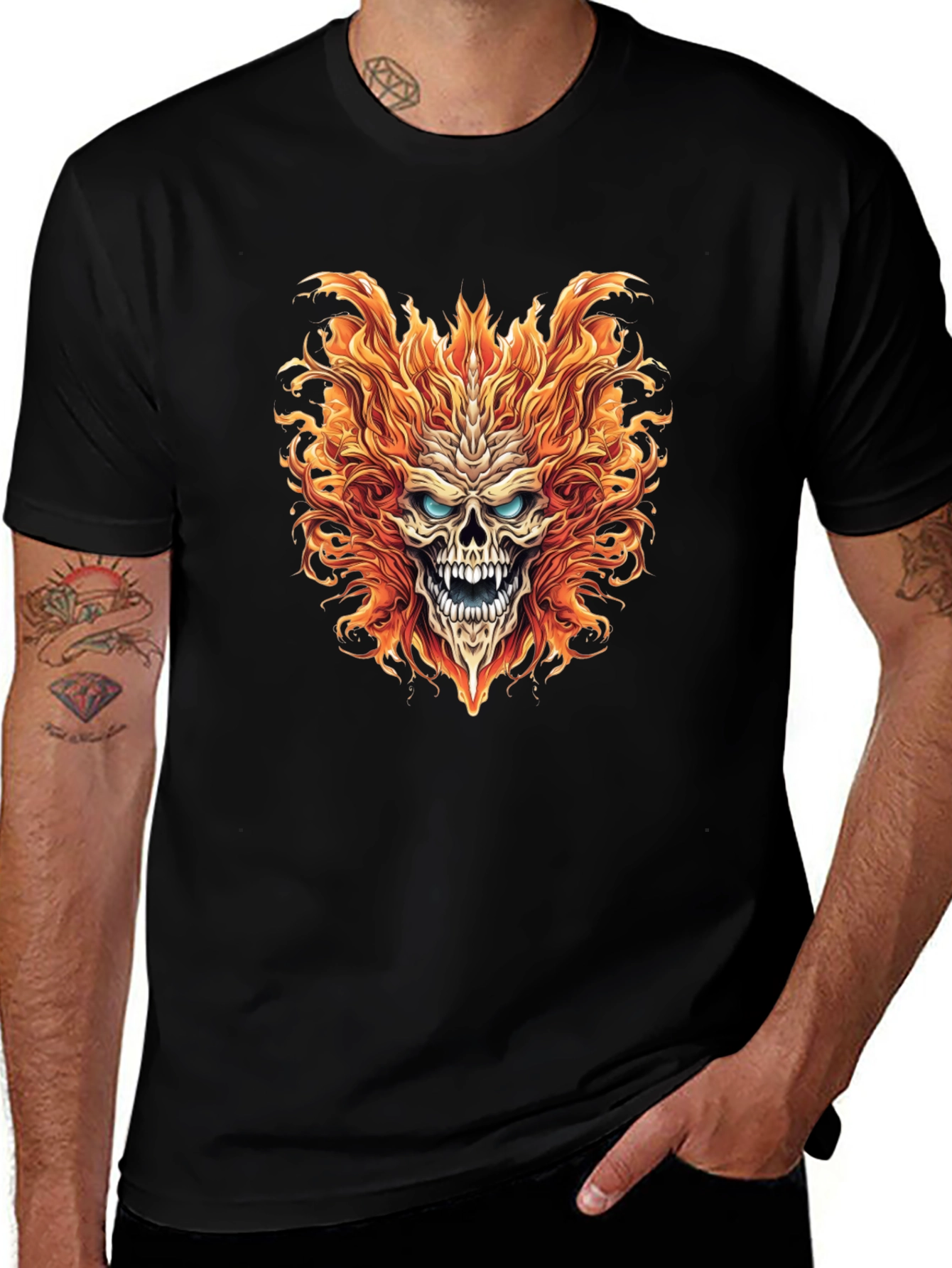 Fiery Skull Graphic Print Black T-Shirt