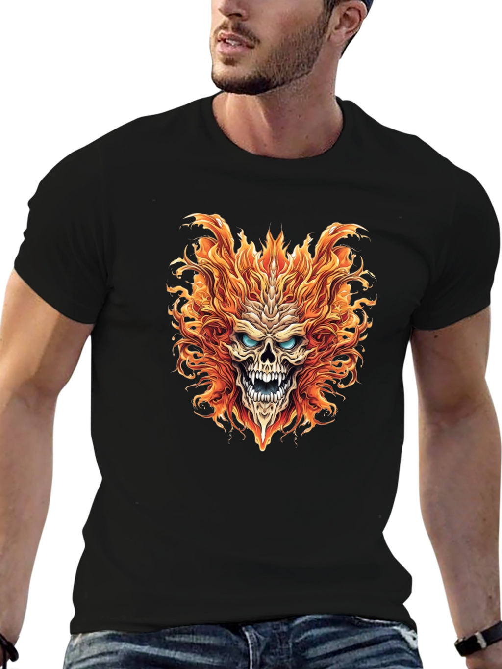 Fiery Skull Graphic Print Black T-Shirt