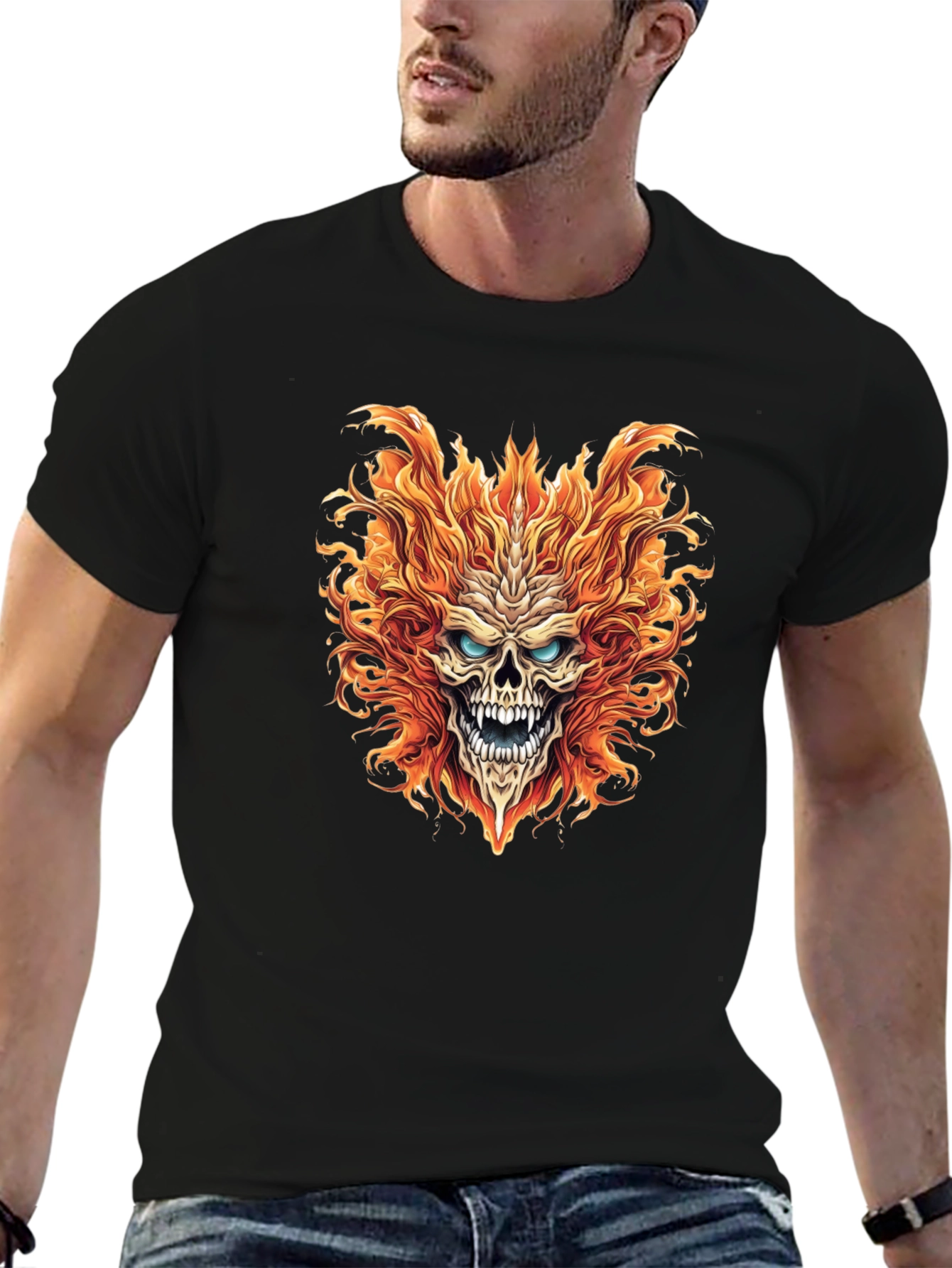 Fiery Skull Graphic Print Black T-Shirt