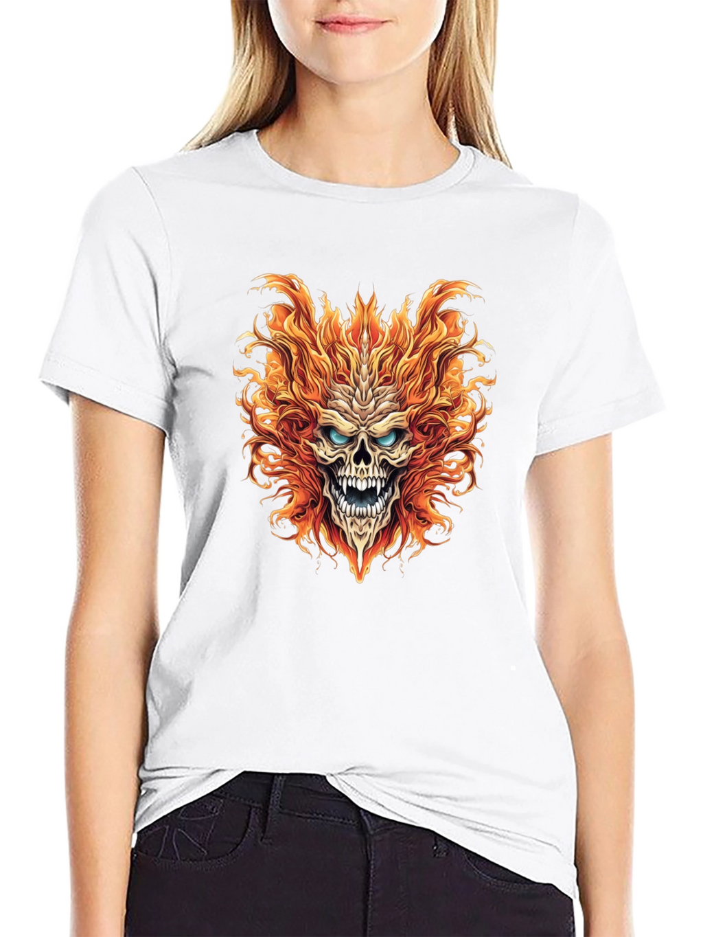 Fiery Skull Graphic Print Black T-Shirt