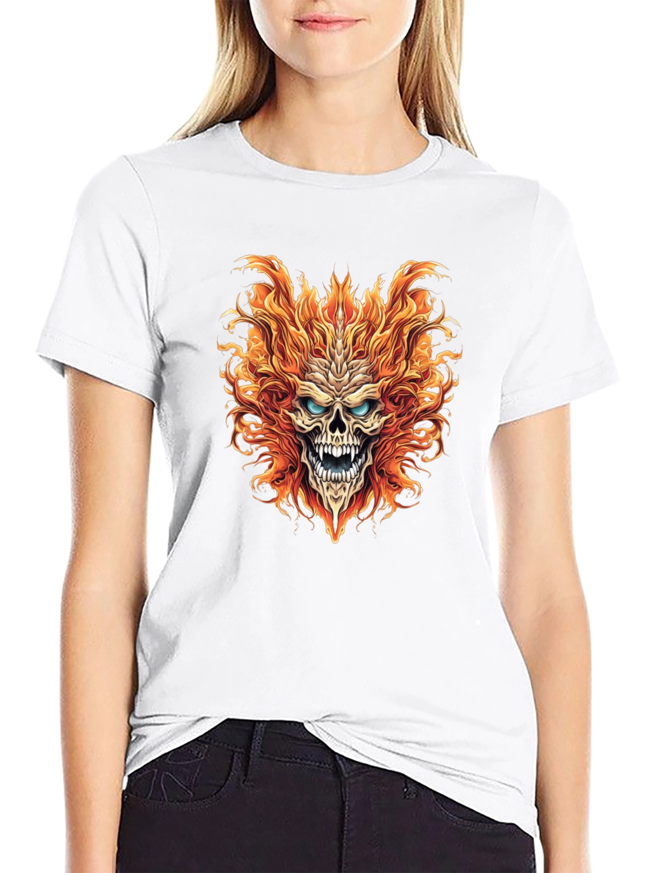 Fiery Skull Graphic Print Black T-Shirt