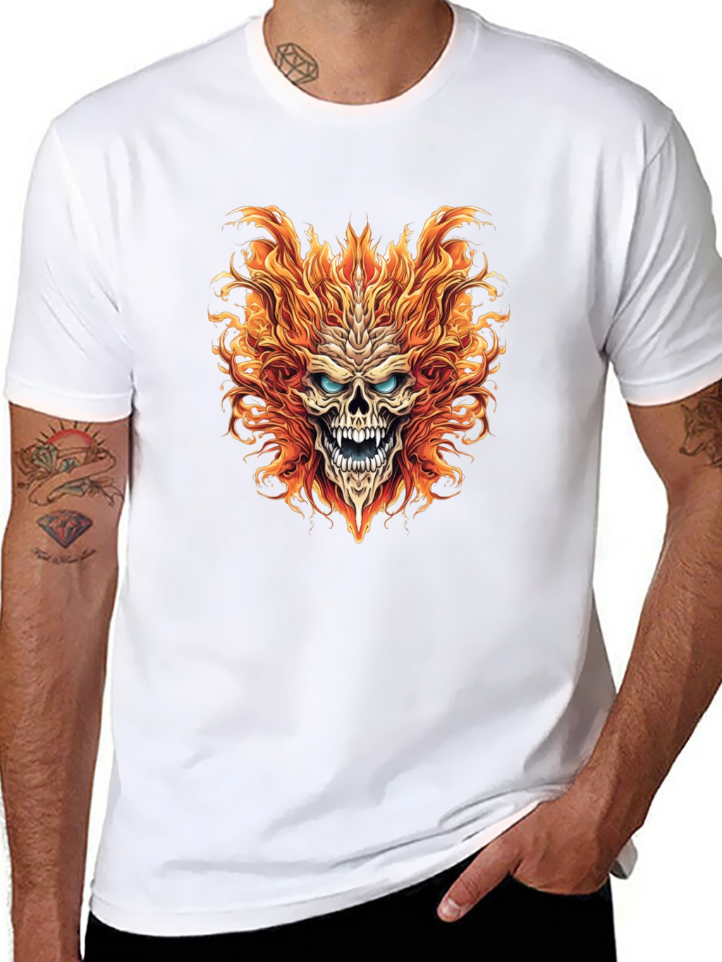 Fiery Skull Graphic Print Black T-Shirt