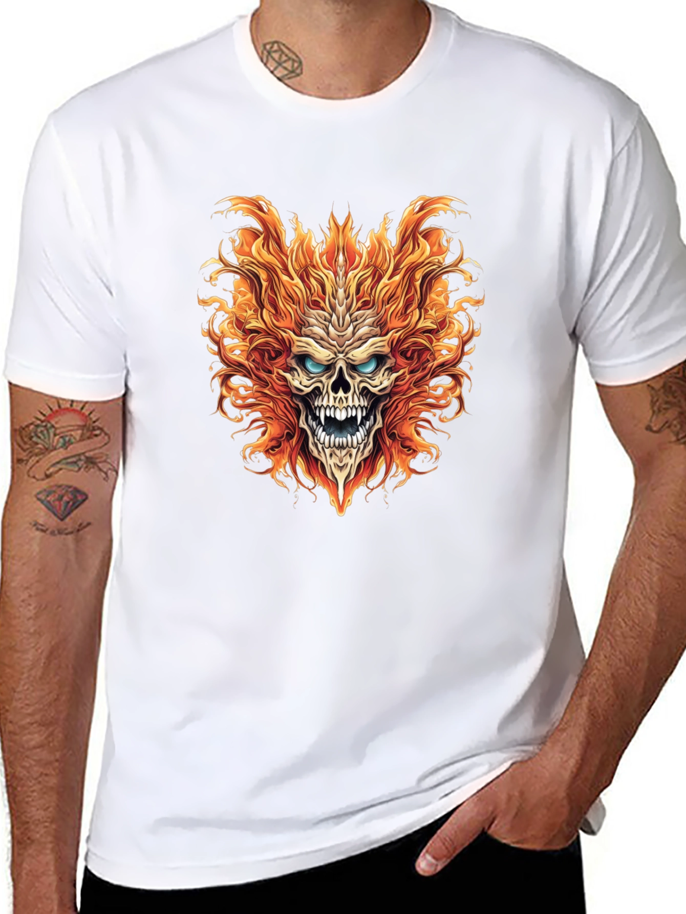 Fiery Skull Graphic Print Black T-Shirt