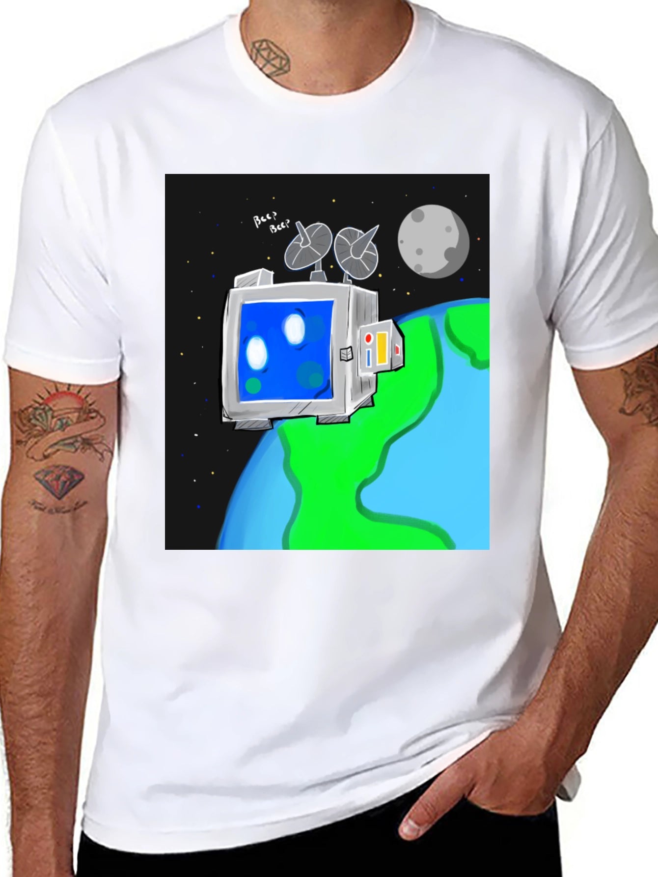 Space Robot Tee - Earth & Moon Graphic T-Shirt