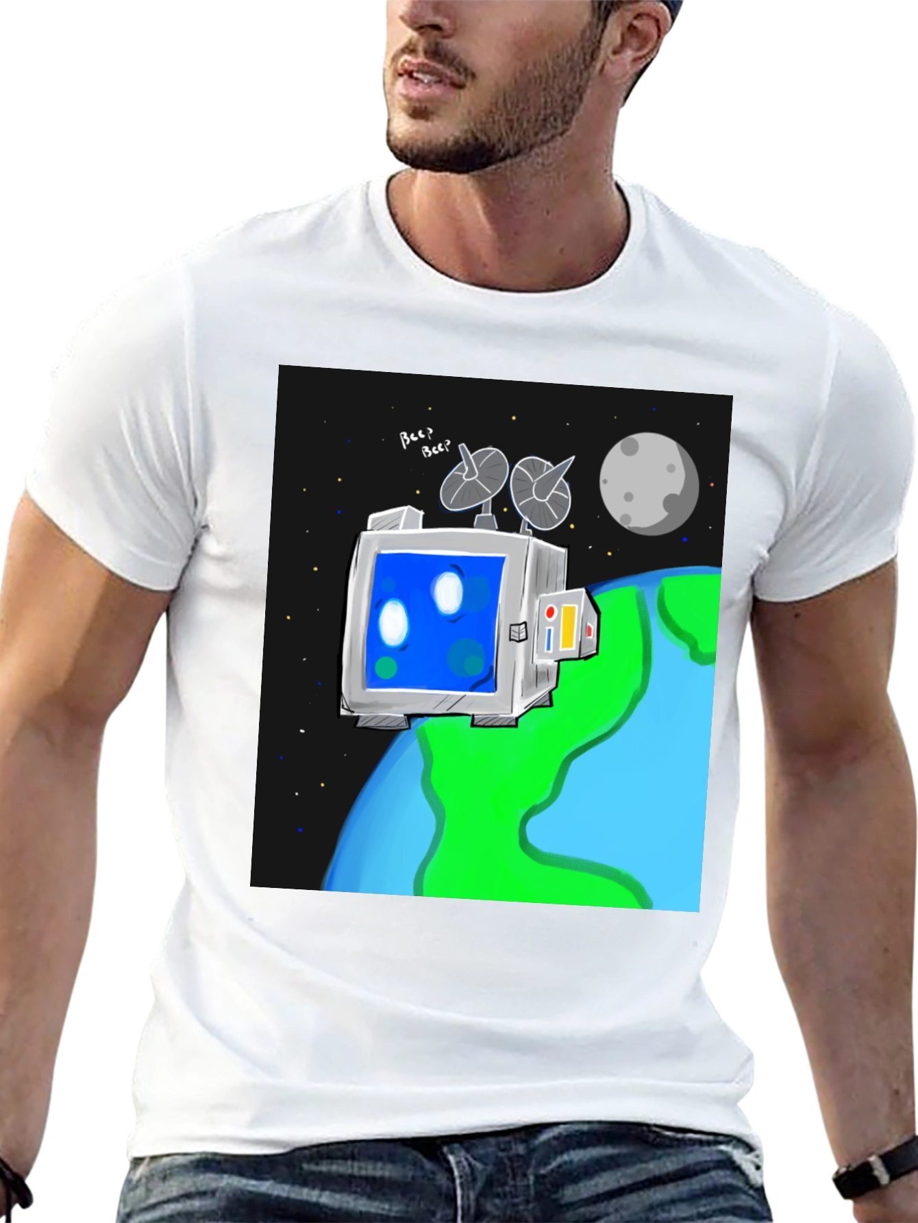Space Robot Tee - Earth & Moon Graphic T-Shirt