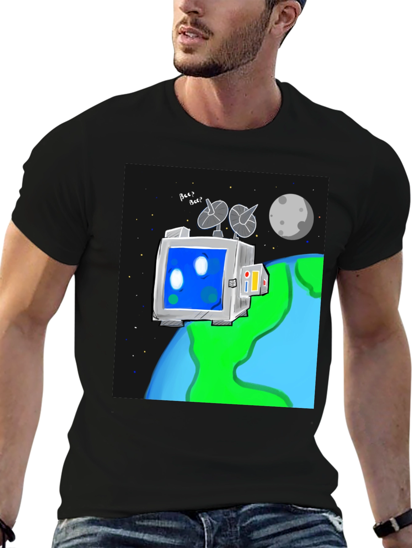 Space Robot Tee - Earth & Moon Graphic T-Shirt