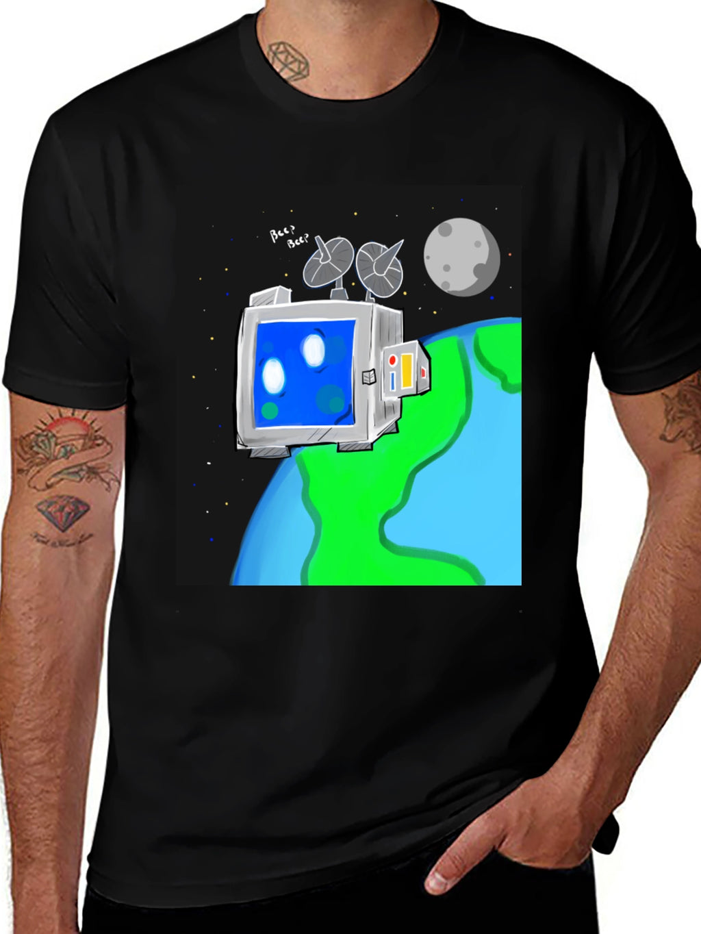 Space Robot Tee - Earth & Moon Graphic T-Shirt